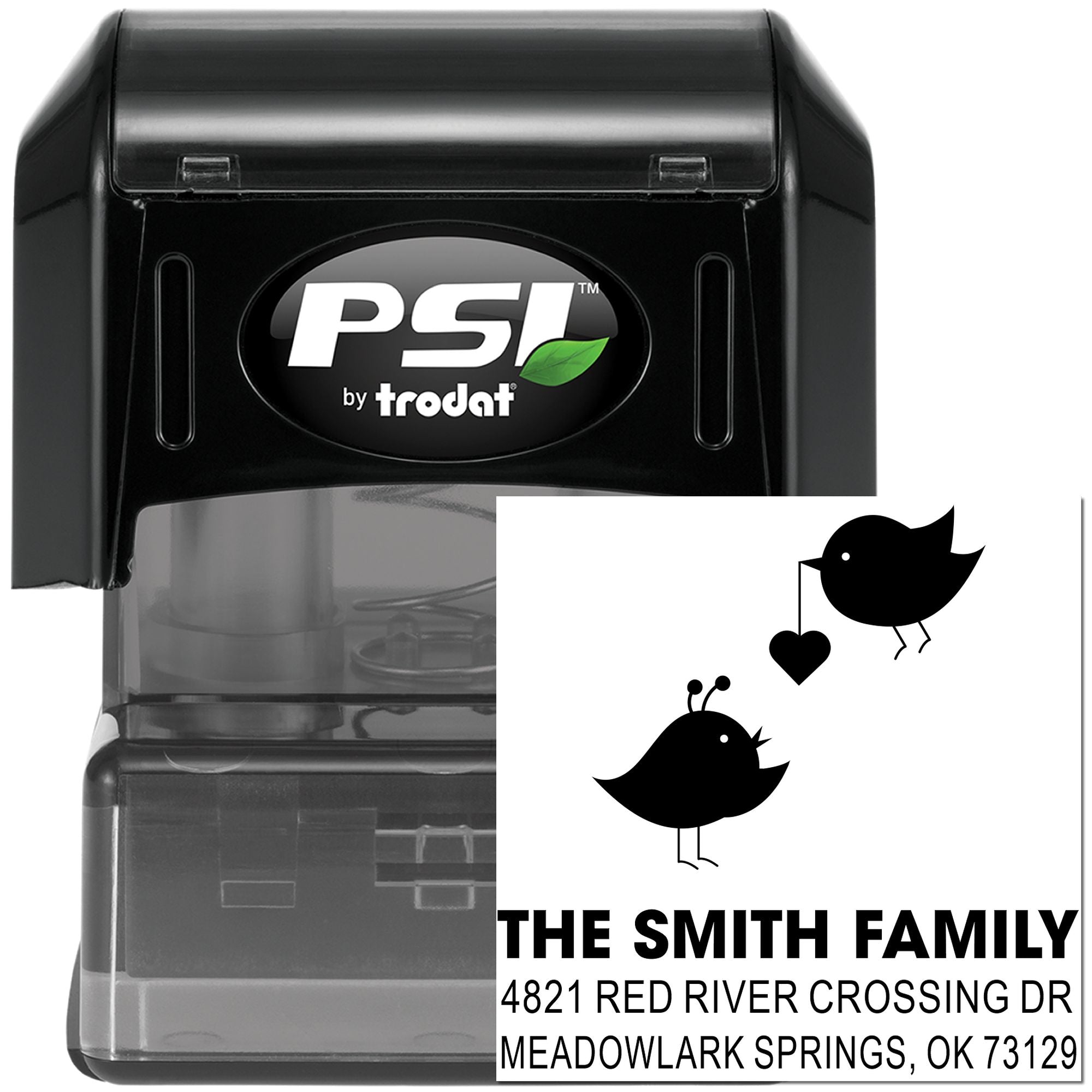 Custom black self-inking rubber address stamp with bird design, PSI by Trodat, personalized family name and return address for household mailing.