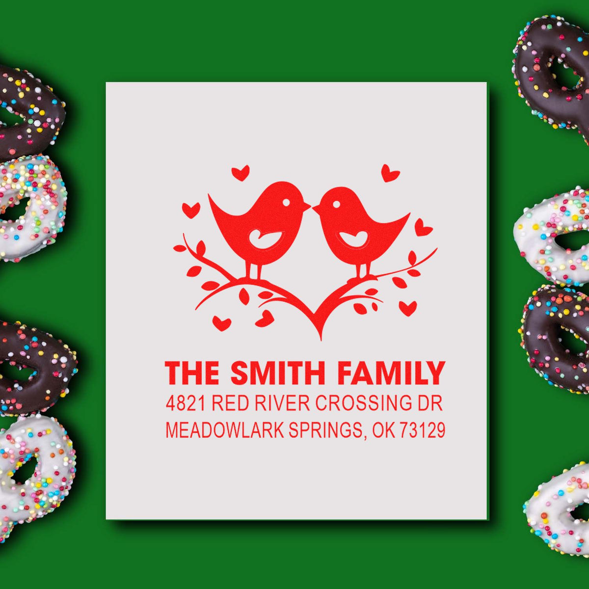 Custom family return address rubber stamp with two lovebirds and hearts, featuring Smith Family and Meadowlark Springs, OK mailing address.