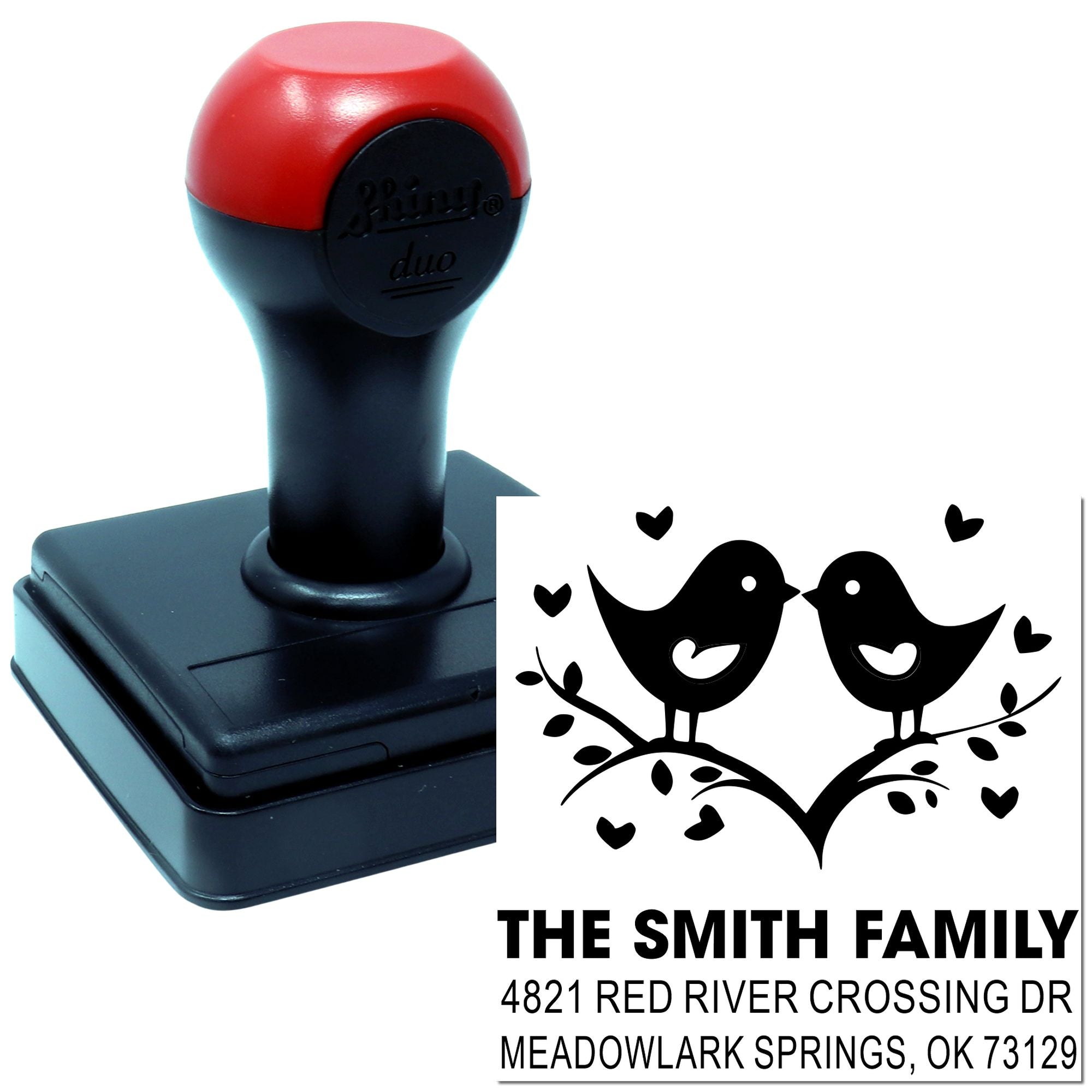 Custom self-inking rubber stamp with bird and heart design, personalized family address stamp for The Smith Family return address label.