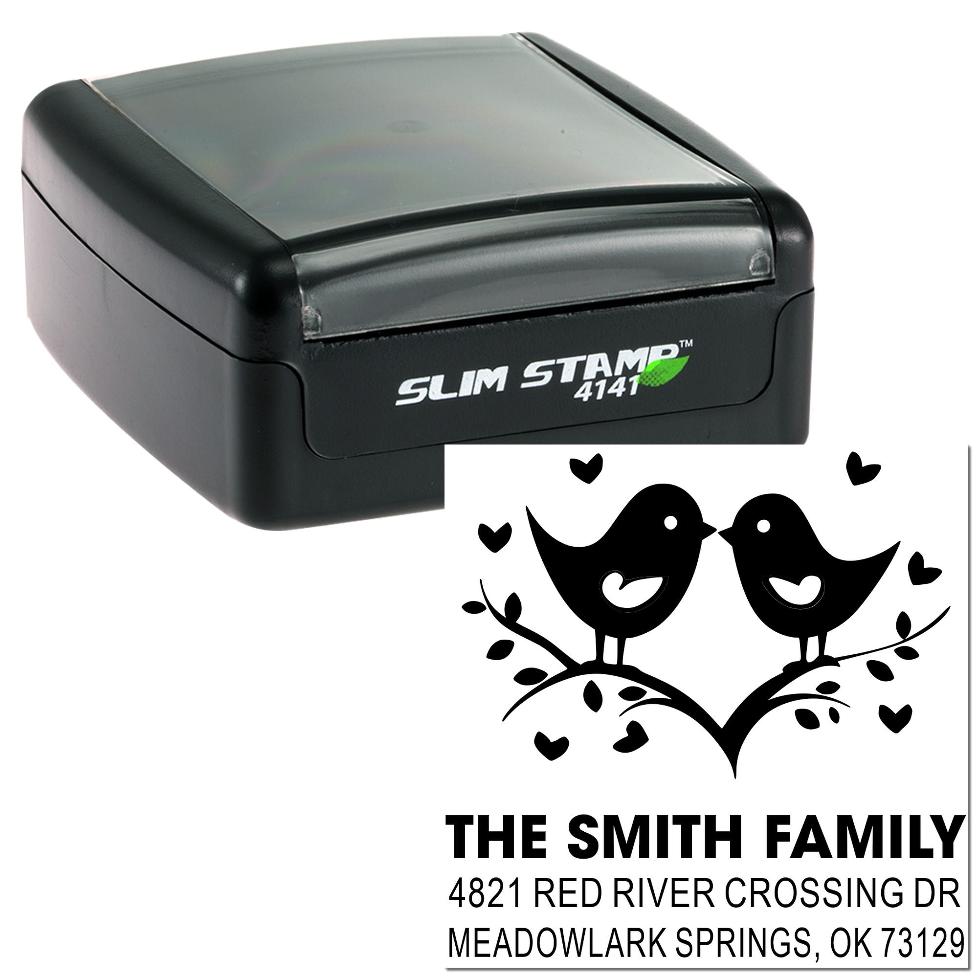 Slim self-inking custom address rubber stamp with birds and hearts, personalized family name return address stamp for wedding or home use
