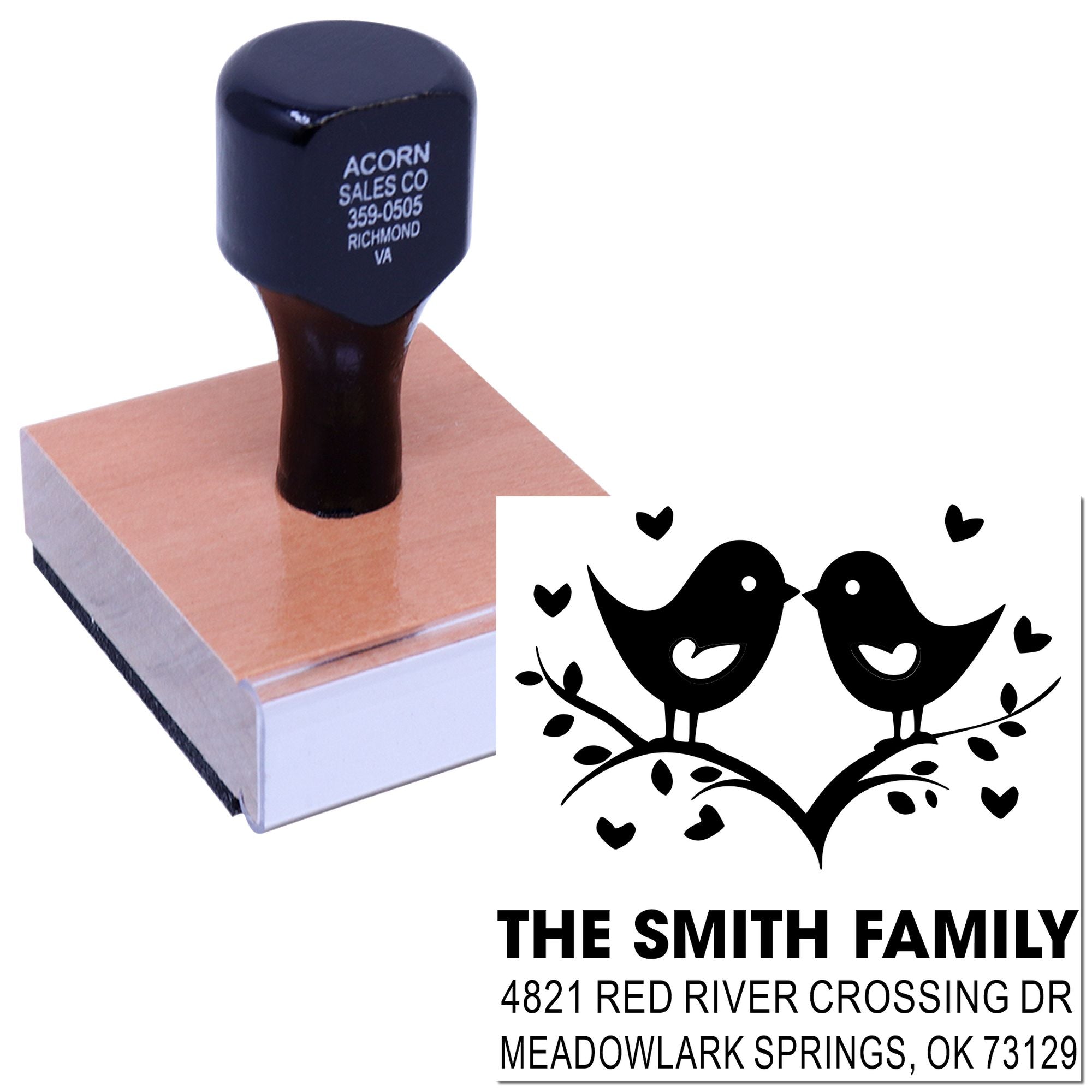 Custom rubber address stamp with two birds and hearts design, personalized with family name and home address for wedding, gift, or return mail use