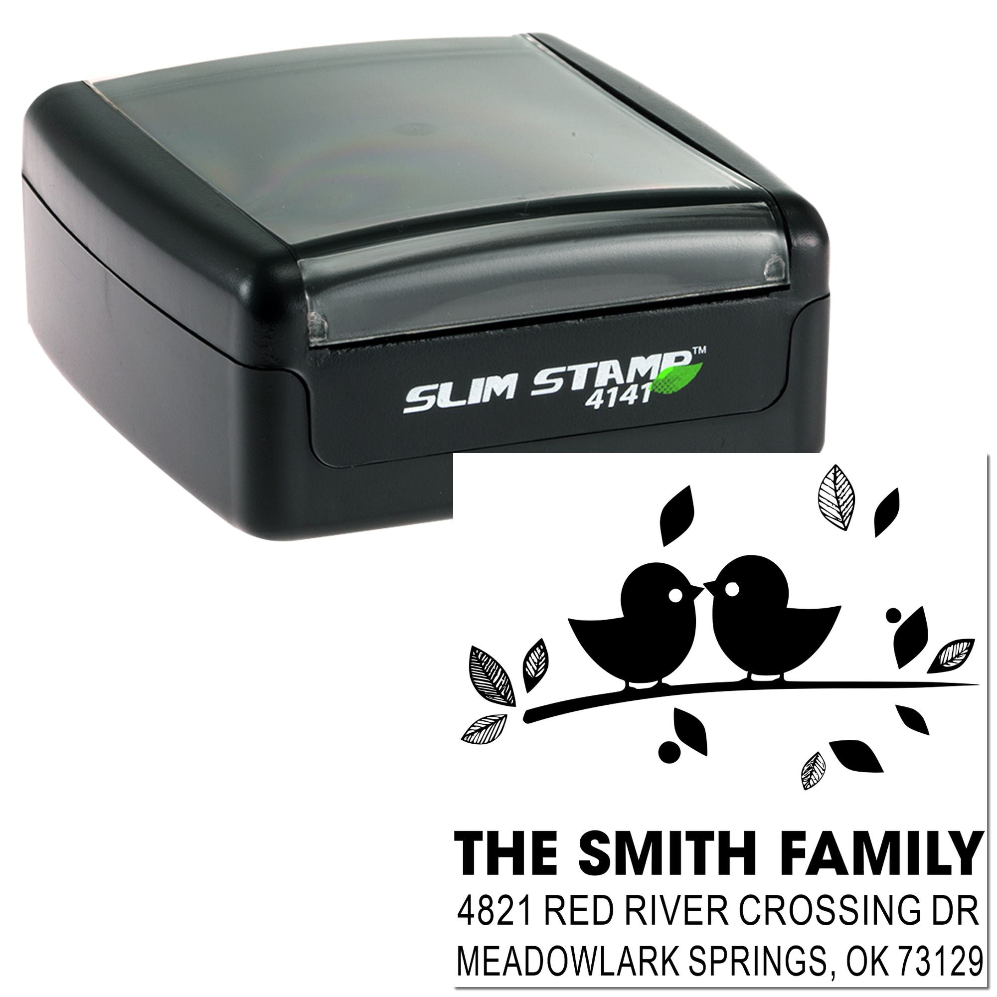 Custom Slim Stamp 4141 with birds and leaves, personalized family address return rubber stamp for envelopes, mailings, and business use.