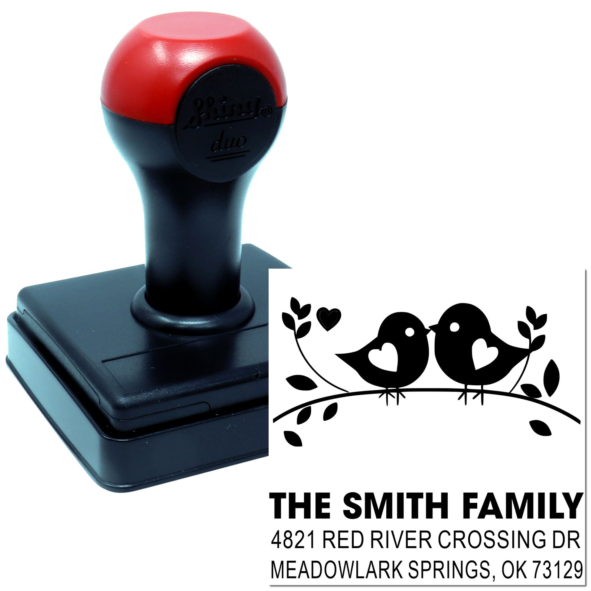 Custom self-inking rubber stamp with two birds and heart design, personalized family name and return address for envelopes and wedding mailings