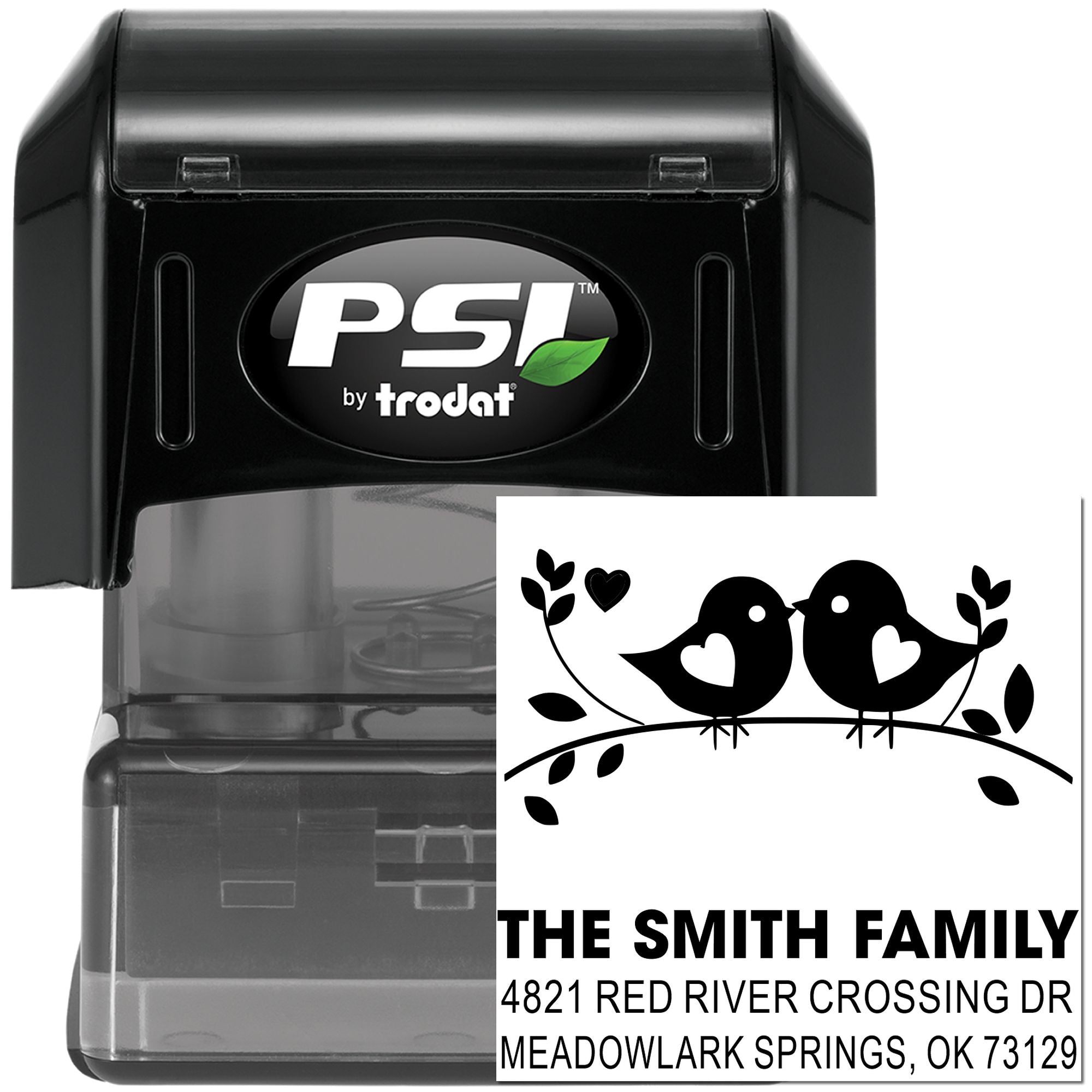 PSI by Trodat self-inking rubber stamp with custom bird design, family name, and return address for envelopes, mailings, and home use