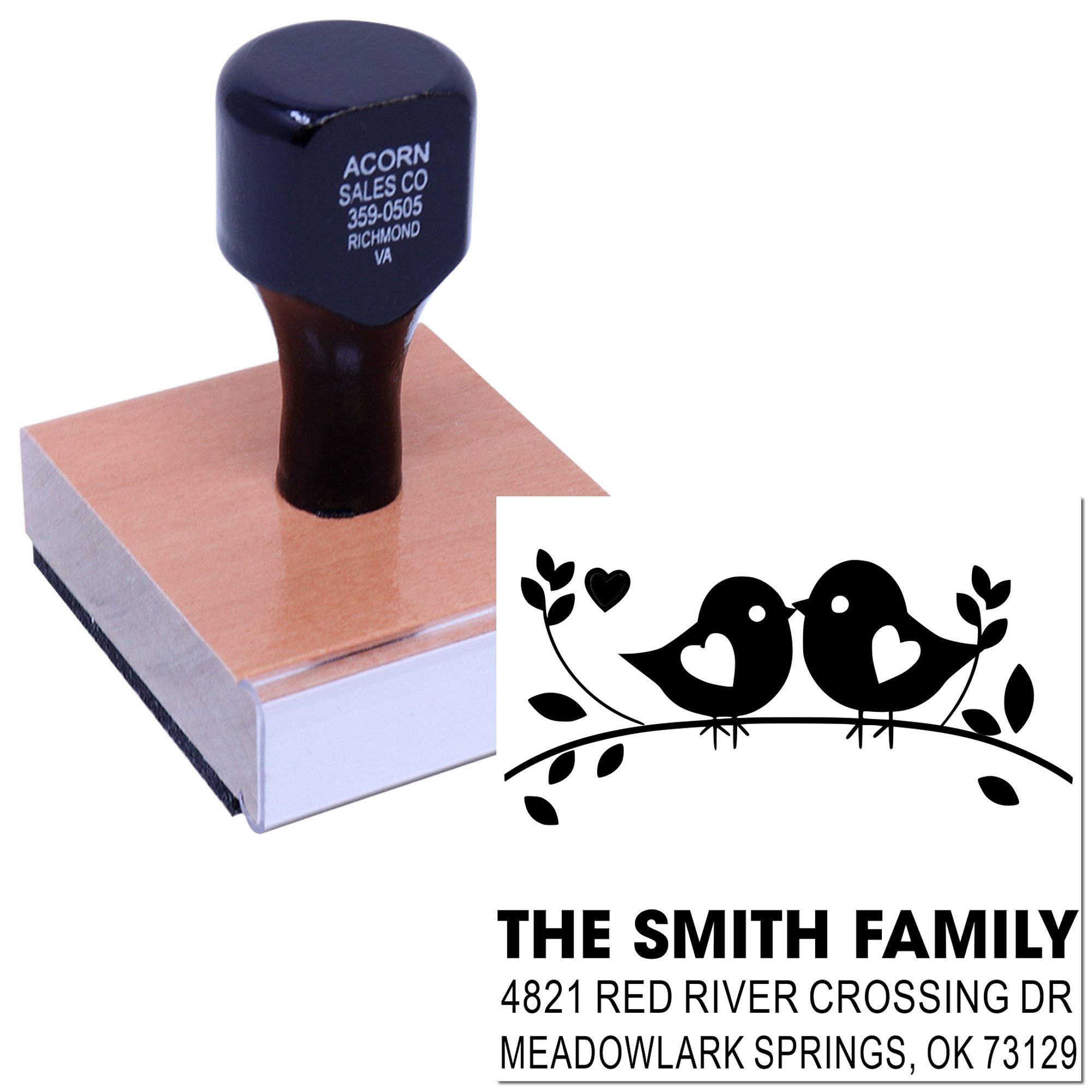 Custom self-inking rubber stamp with bird and heart design, personalized family name and address for envelopes, crafts, and wedding stationery