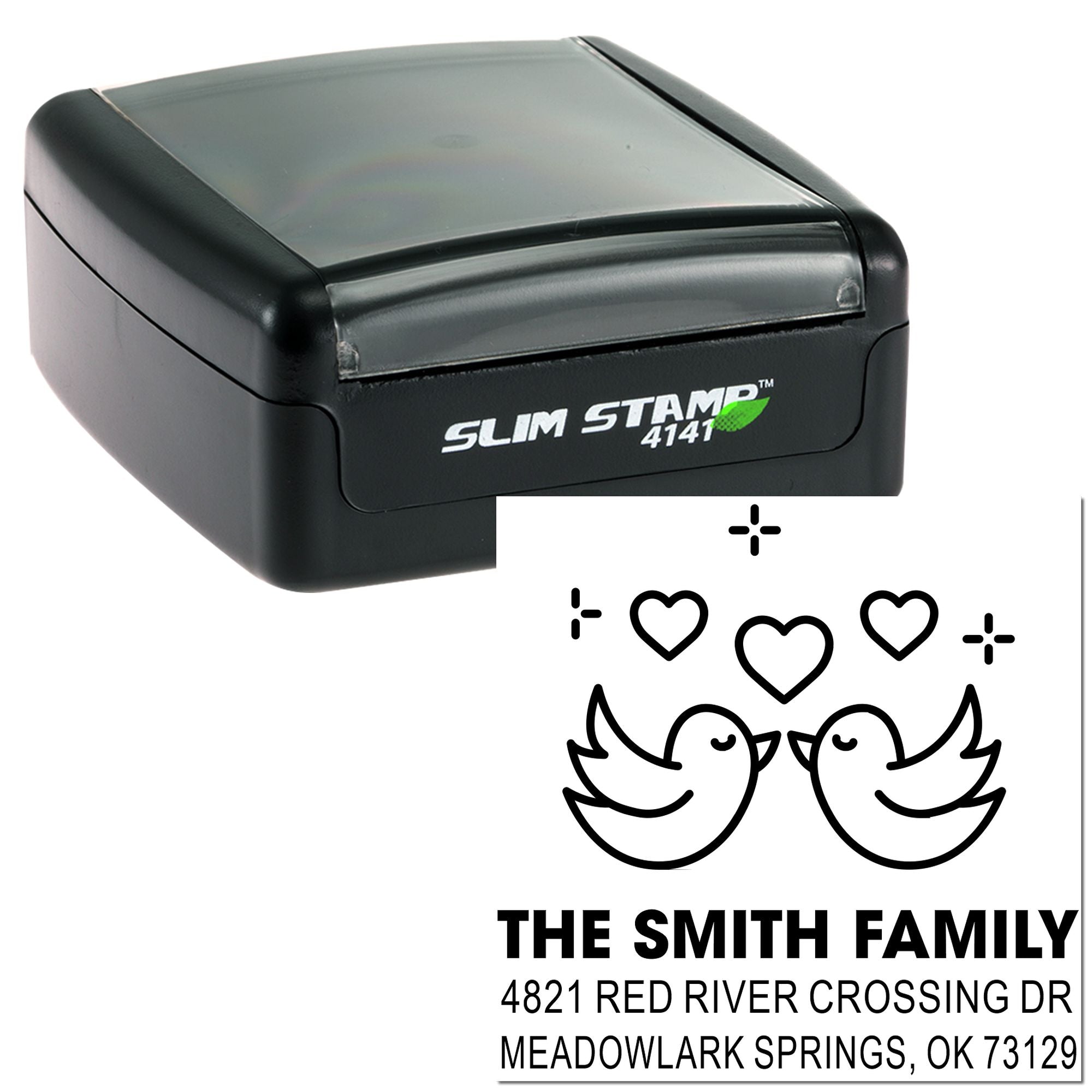 Custom self-inking rubber address stamp with birds and hearts, featuring The Smith Family and Meadowlark Springs, OK personalized mailing design