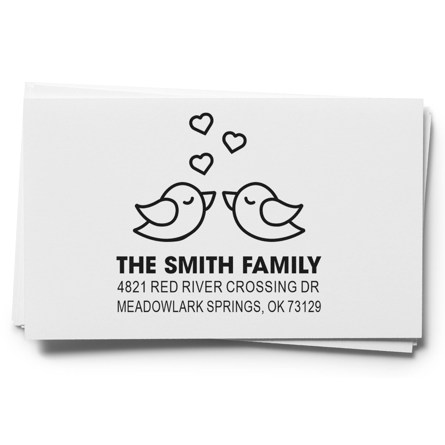 Custom return address rubber stamp with two birds and hearts, personalized family name and mailing address for wedding invitations and home correspondence