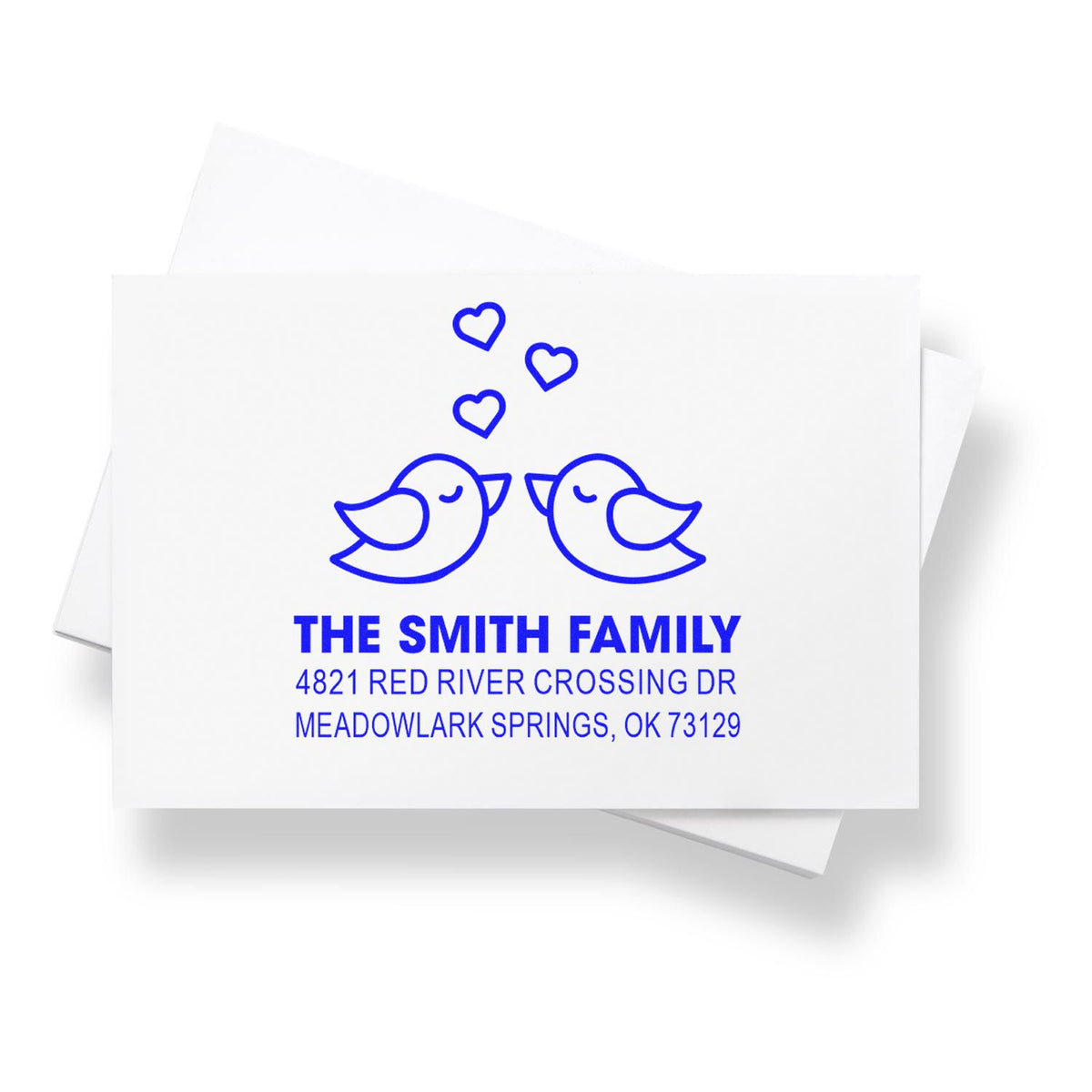 Custom self-inking return address stamp with two lovebirds and hearts, personalized with Smith family name and Oklahoma mailing address for wedding mail.
