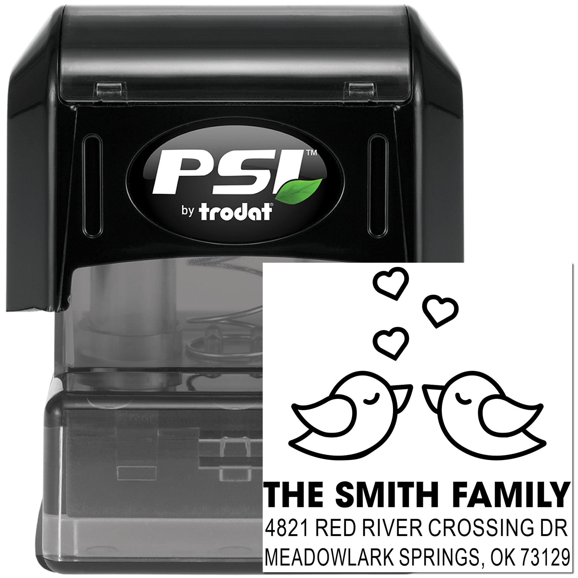 Custom self-inking address stamp with birds and hearts, PSI by Trodat rubber stamp for personalized family return address and mailing labels