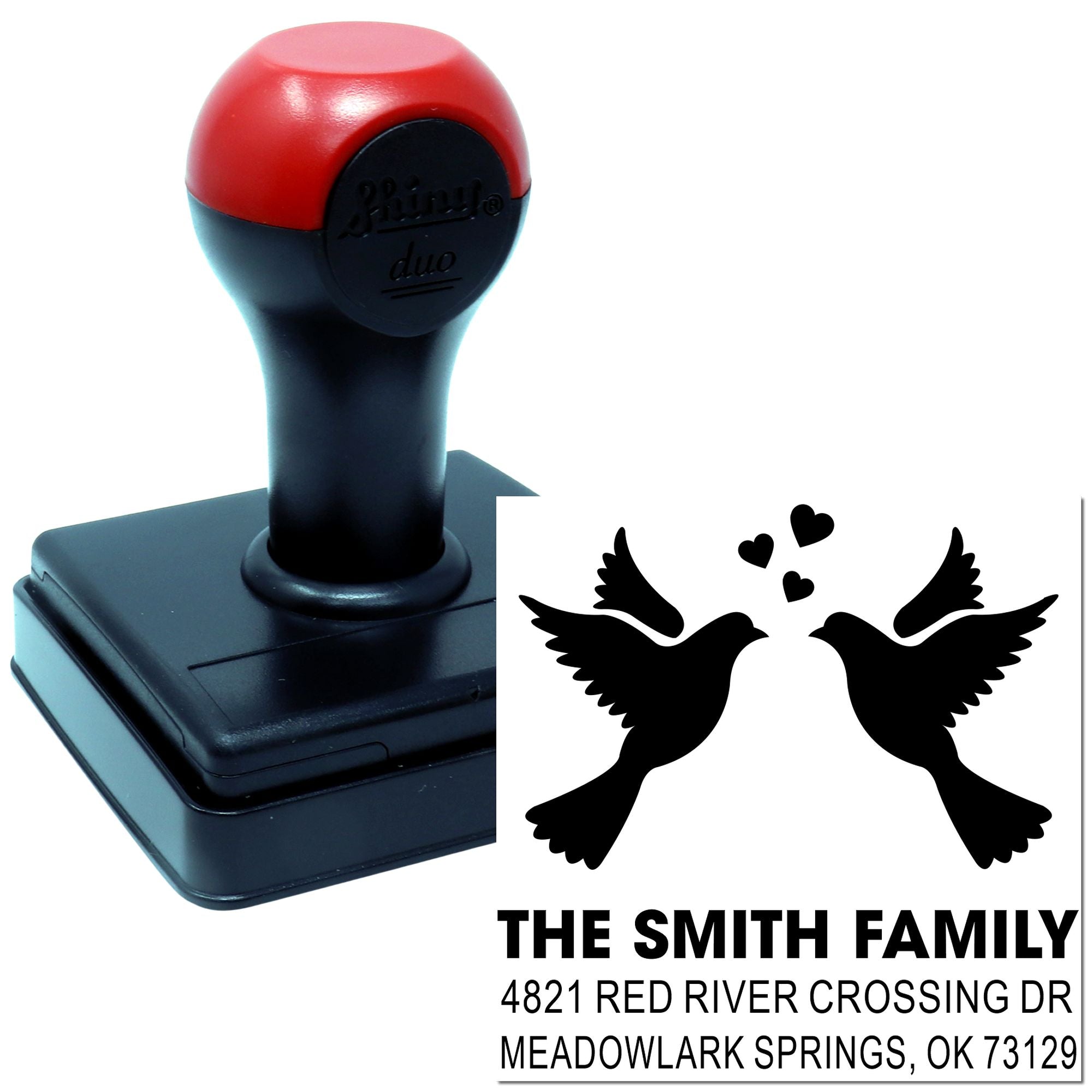 Custom self-inking rubber address stamp with birds and hearts, The Smith Family, 4821 Red River Crossing Dr, Meadowlark Springs, OK 73129