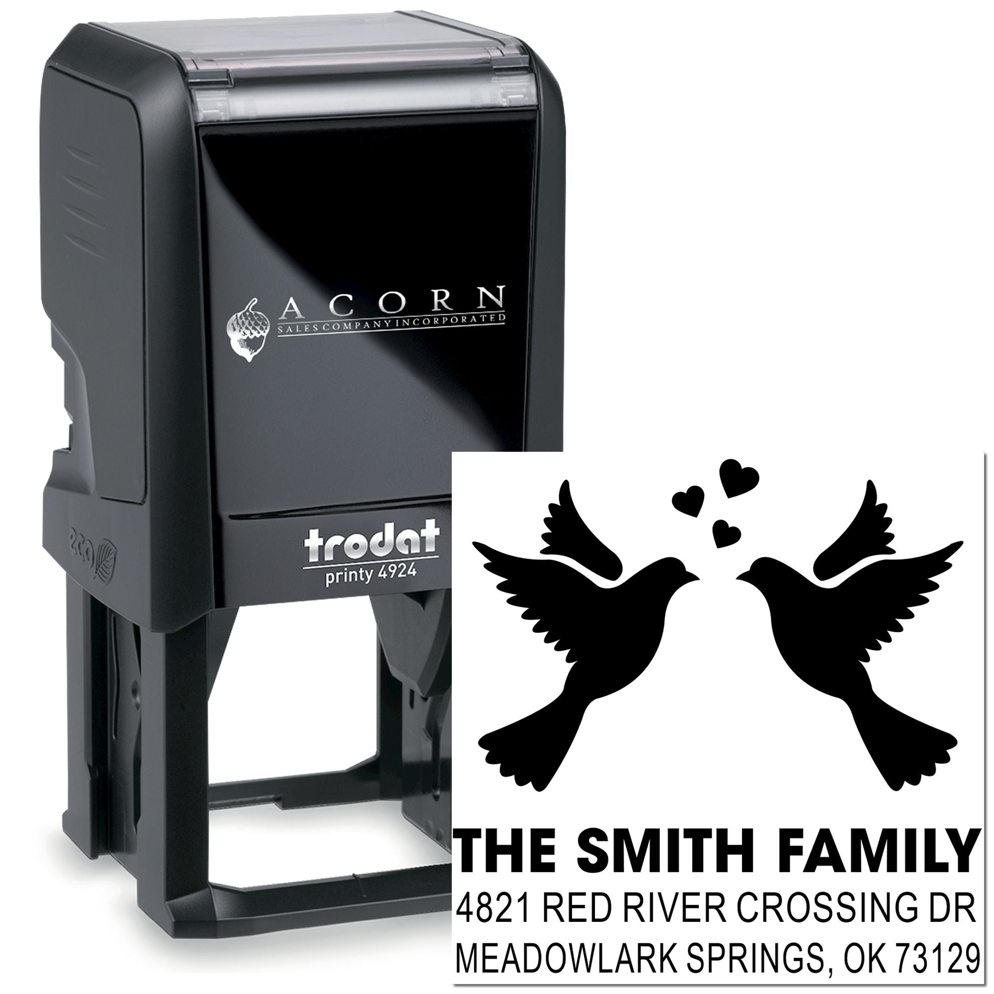 Trodat Printy 4924 self-inking rubber stamp with custom bird design and personalized return address for The Smith Family home mailing labels