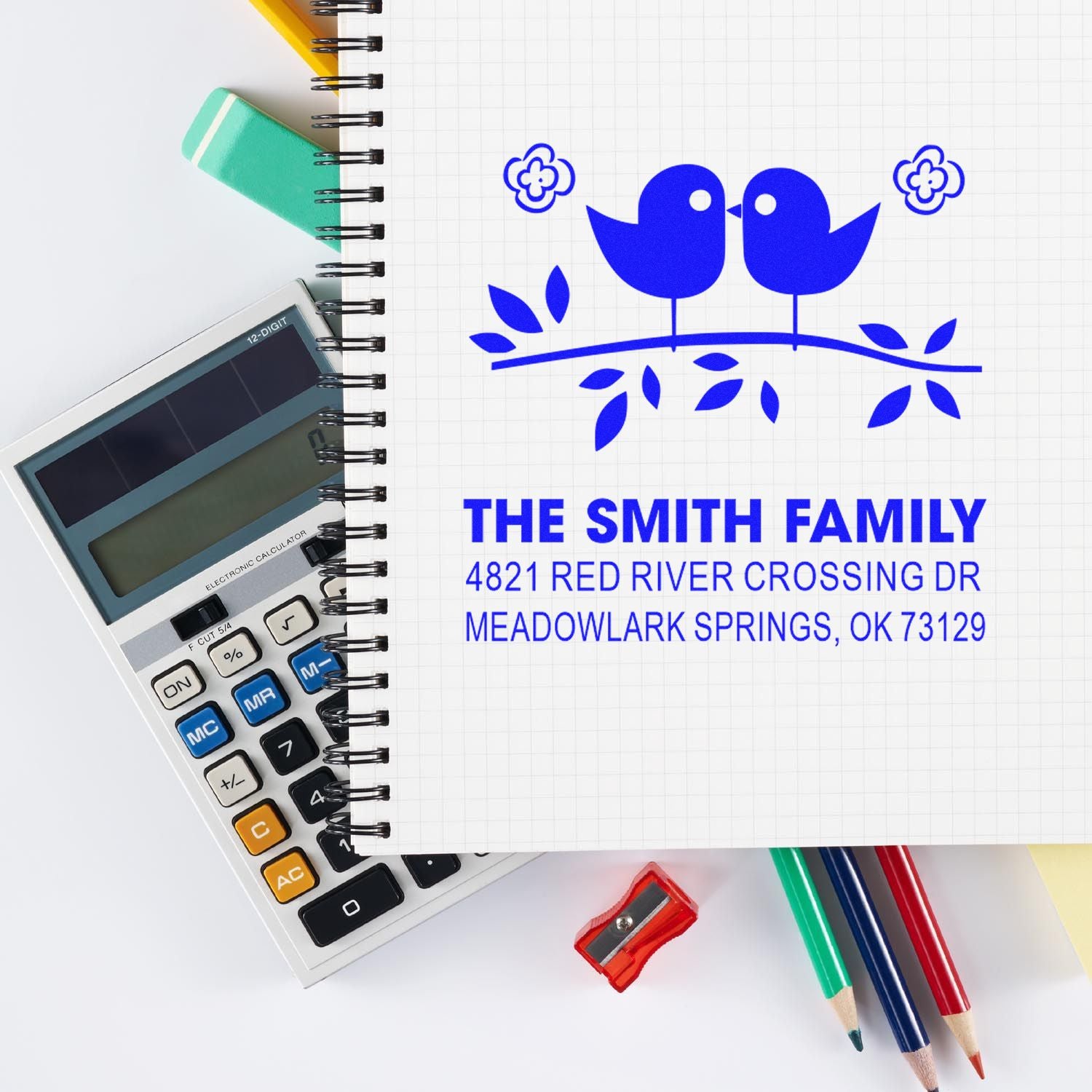 Custom family address rubber stamp with bird design, featuring The Smith Family name and return address for envelopes, stationery, and mailing needs