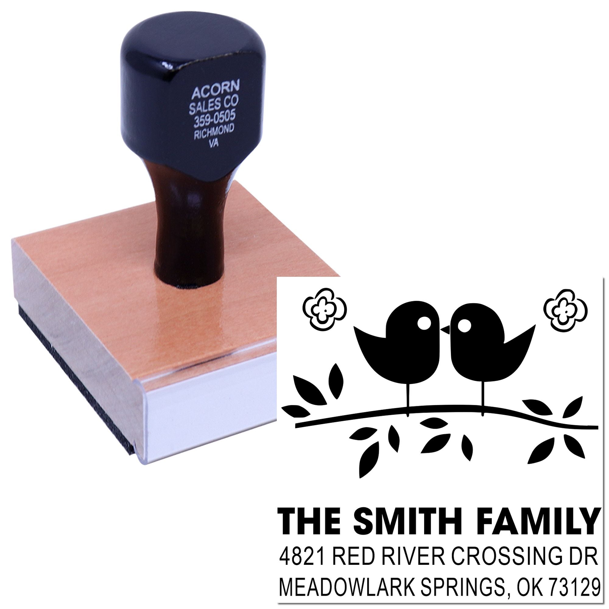 Custom family address rubber stamp with bird and floral design, featuring The Smith Family name and return address for personalized mailing purposes