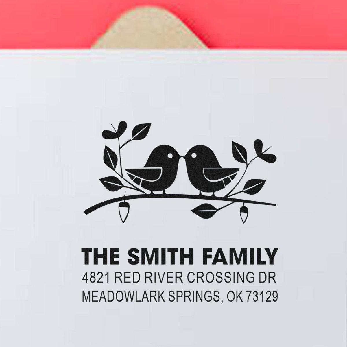 Custom Smith Family return address rubber stamp with two birds on a branch, personalized mailing stamp for 4821 Red River Crossing Dr, OK 73129