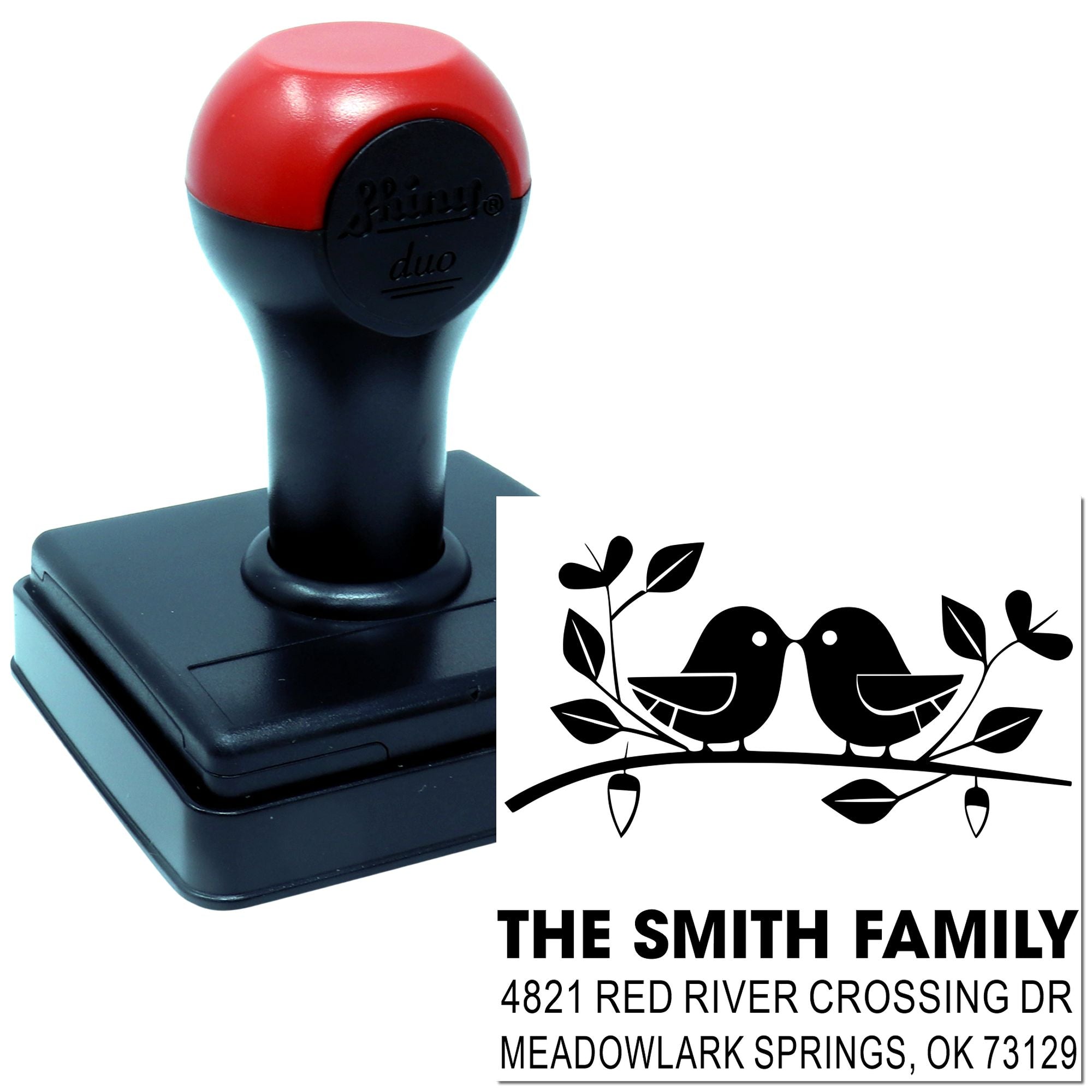 Custom self-inking rubber stamp with birds and return address design for The Smith Family, featuring personalized logo, name, and address.