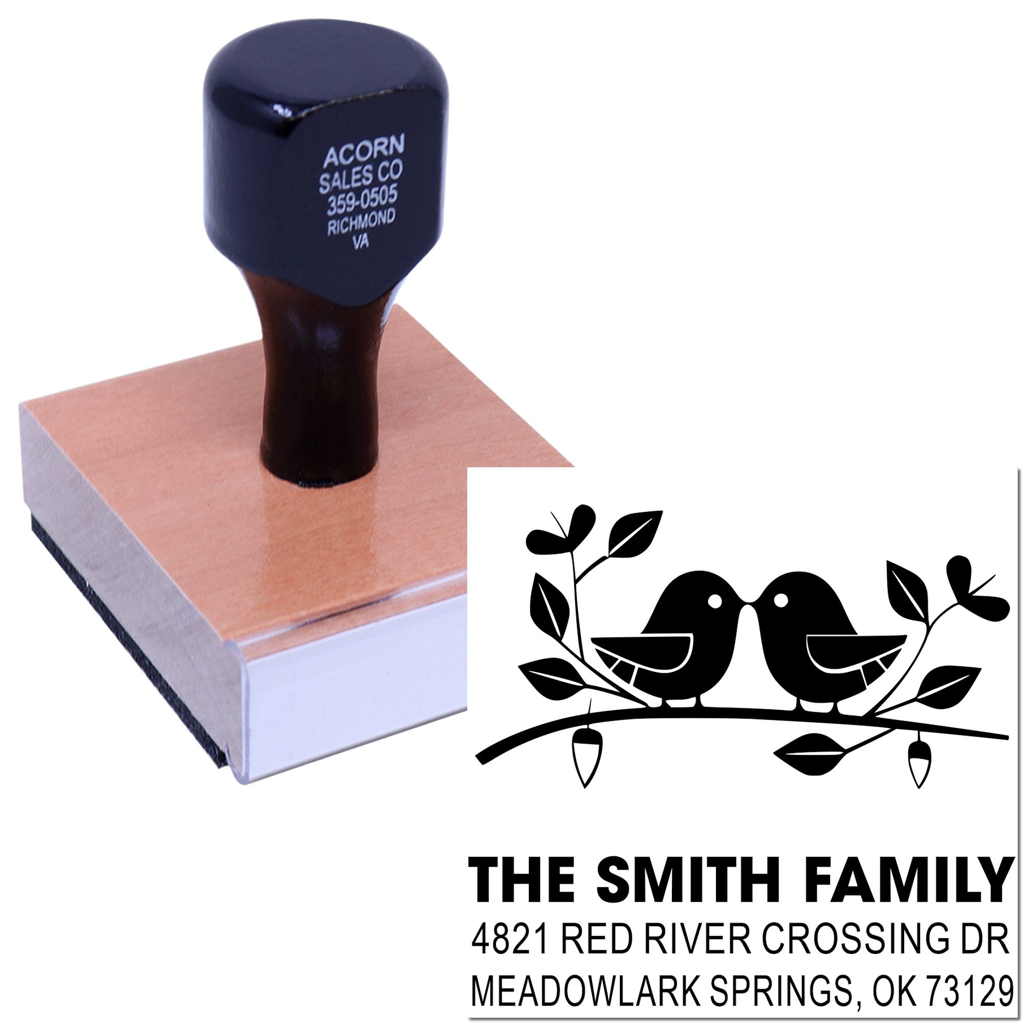Custom self-inking rubber address stamp with two birds design, personalized family name, and mailing address for envelopes, cards, and stationery