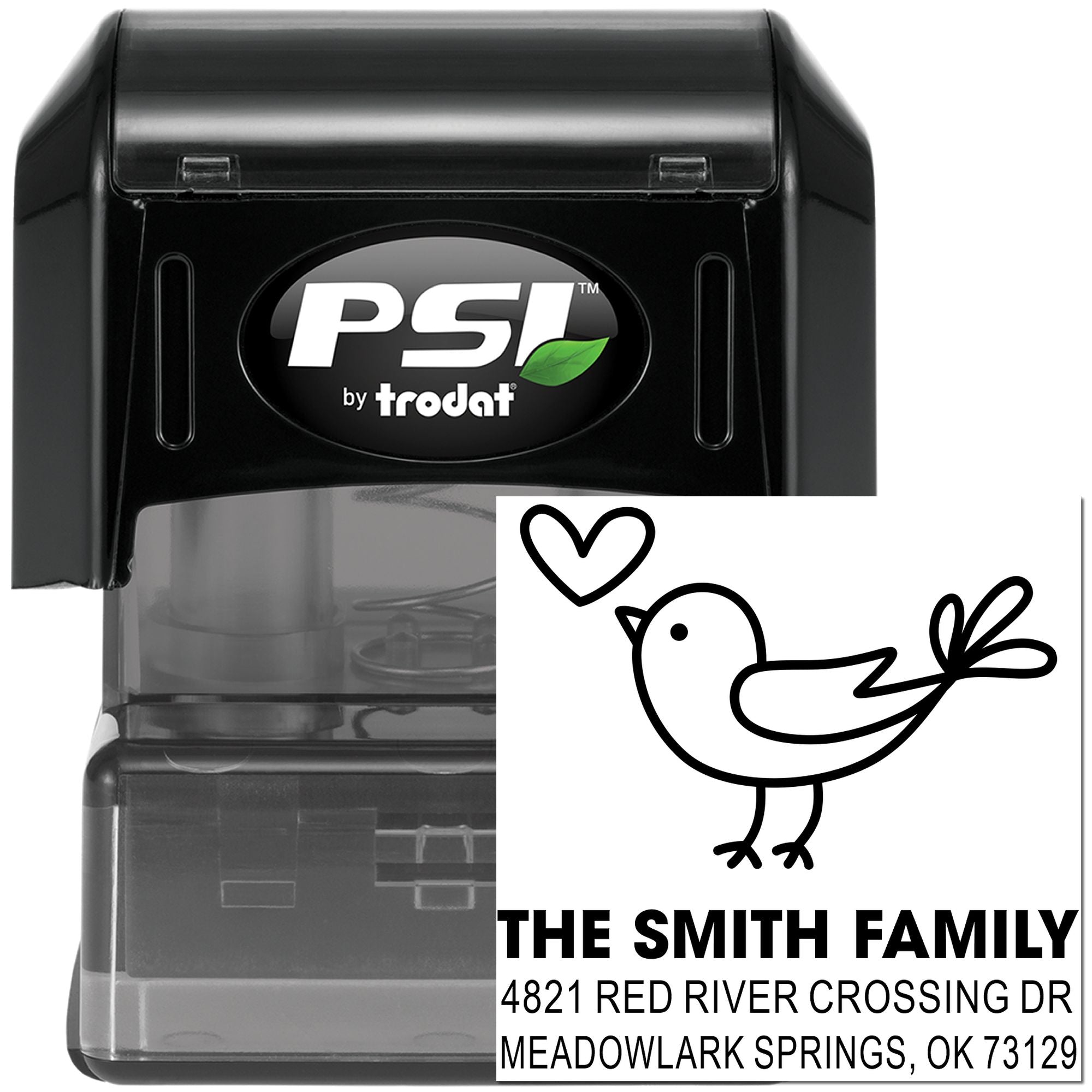 PSI by Trodat self-inking custom address rubber stamp with bird and heart design, Smith family name, Red River Crossing Dr address, black casing