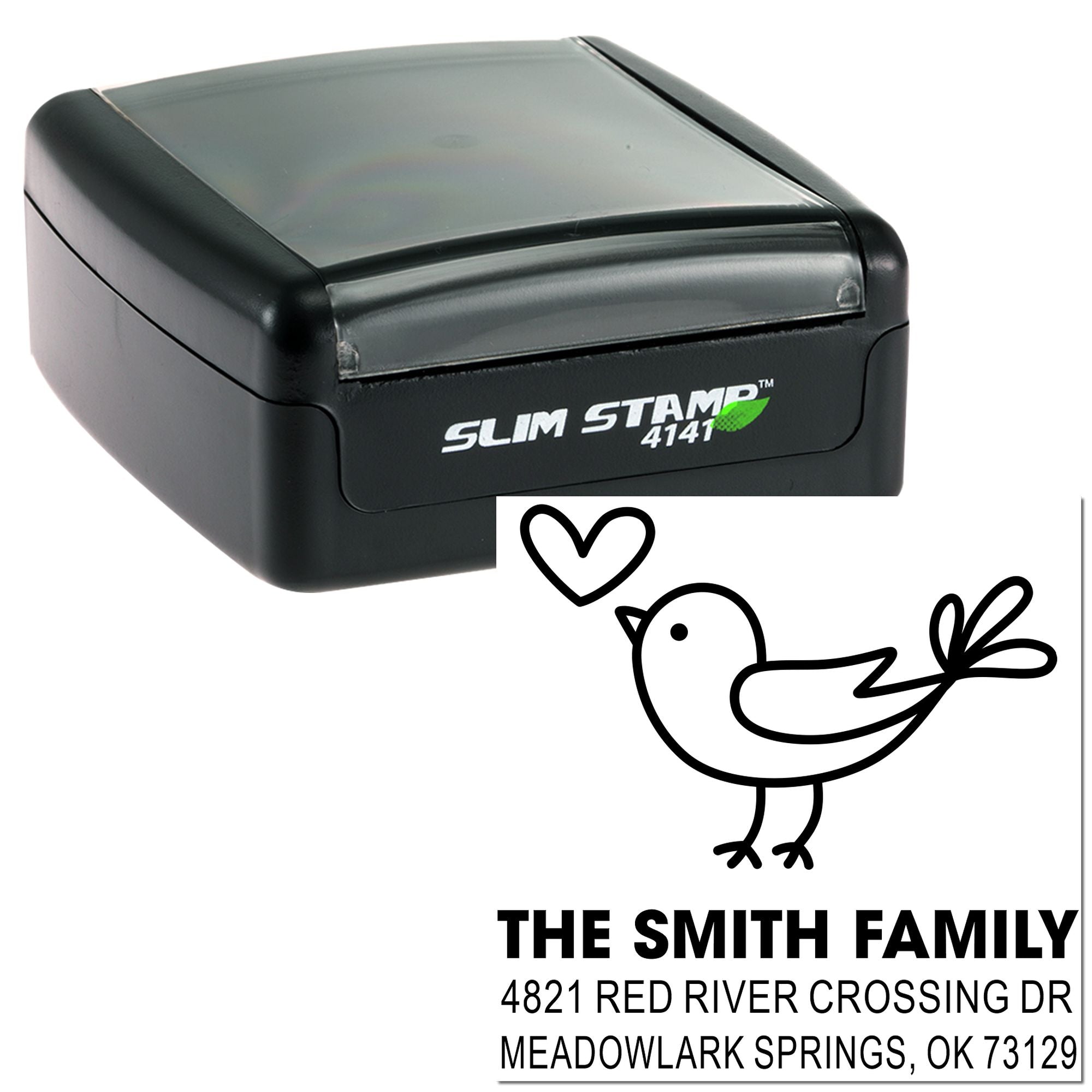 Custom self-inking slim rubber stamp with bird and heart design, personalized family address stamp for The Smith Family in Meadowlark Springs, OK.
