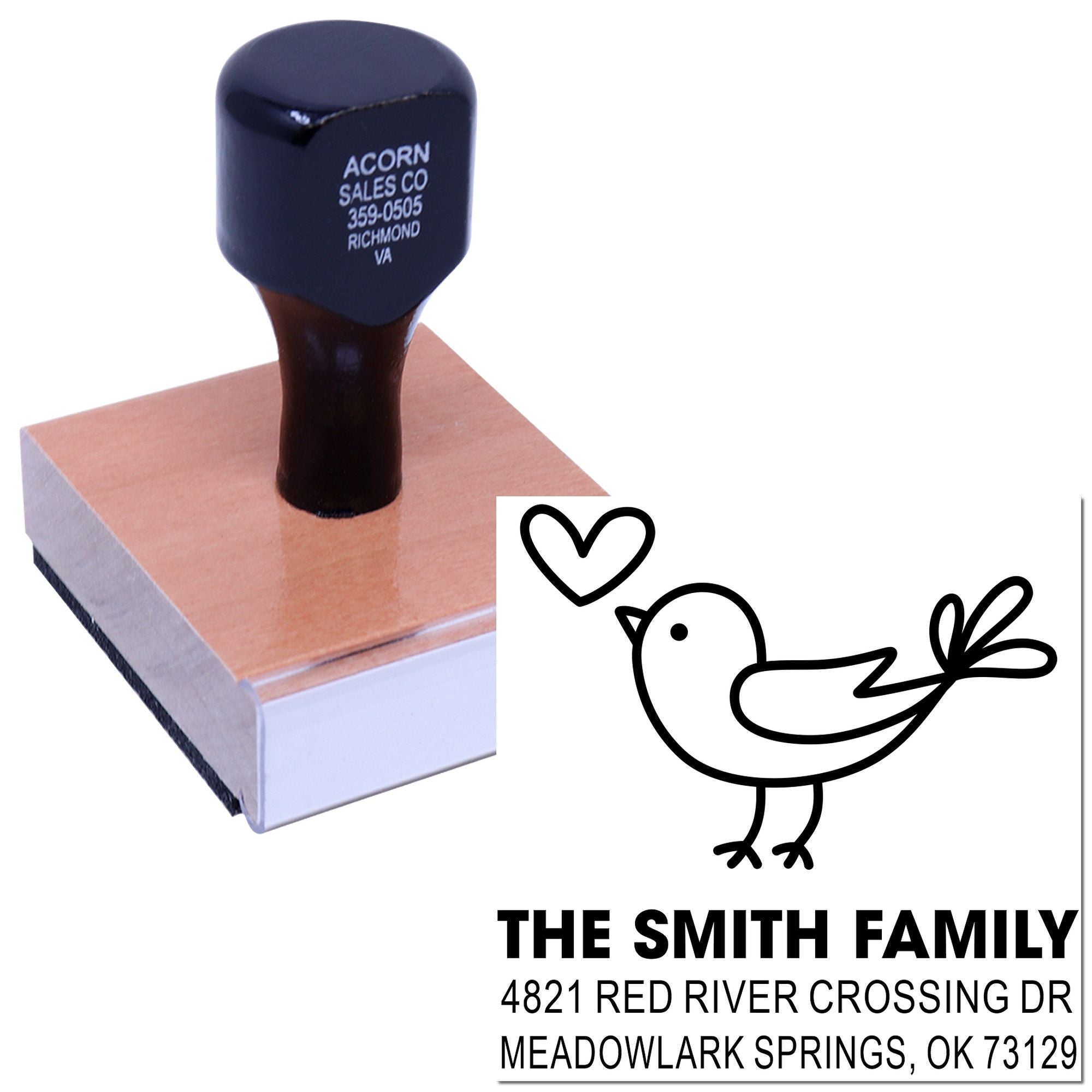 Custom rubber stamp with bird and heart design, personalized family return address stamp for The Smith Family, Meadowlark Springs OK, for mailings and crafts