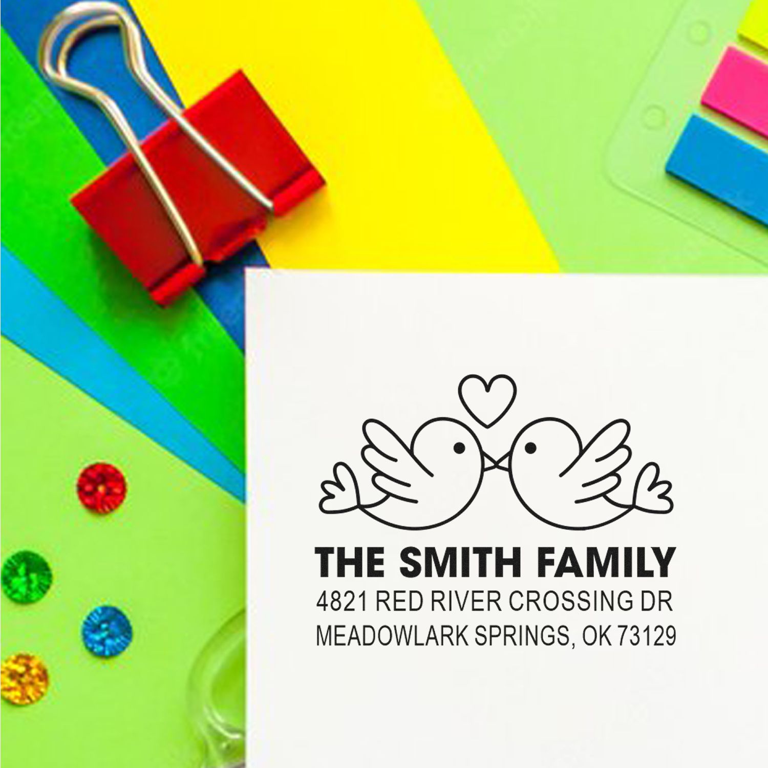 Custom rubber return address stamp with two kissing birds and heart design for The Smith Family, personalized mailing stamp for envelopes and cards