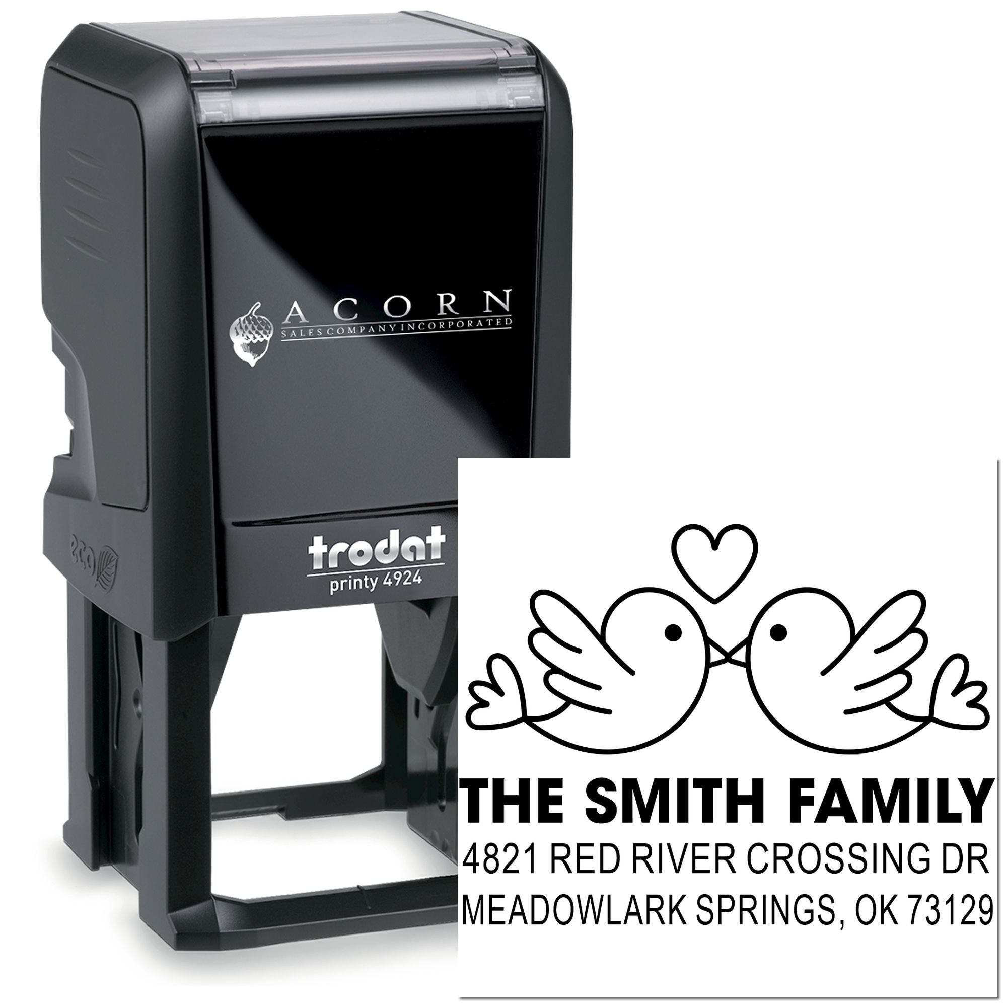 Custom Trodat Printy 4924 self-inking rubber address stamp with birds and heart design, personalized Smith family return address stamp for envelopes