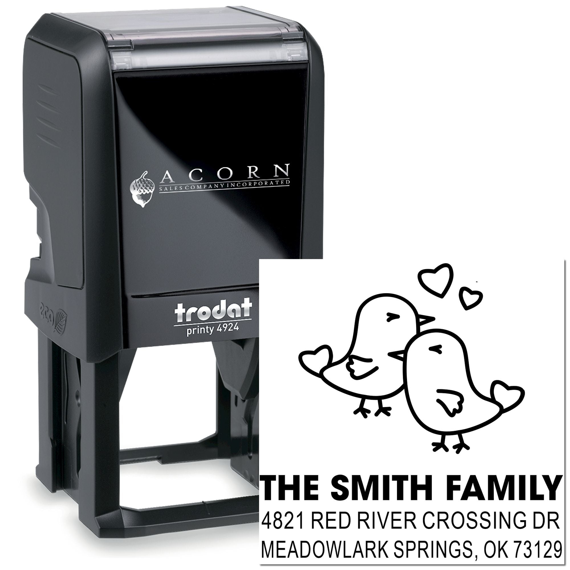 Custom self-inking rubber stamp with cute bird and heart design, personalized family address stamp for mail, crafts, and wedding stationery