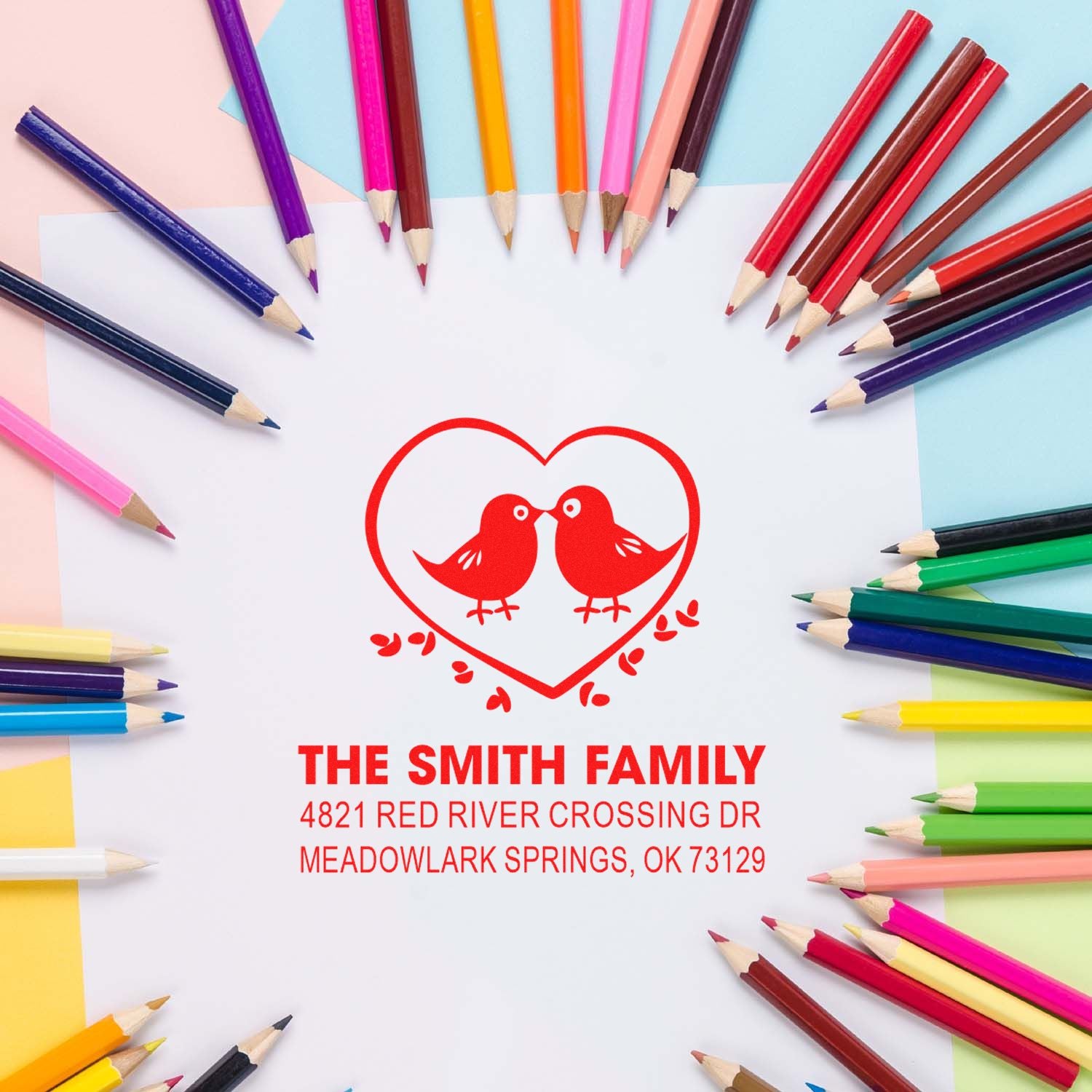 Custom family return address rubber stamp with heart and birds design, personalized red ink style for wedding invitations, stationery and mail.