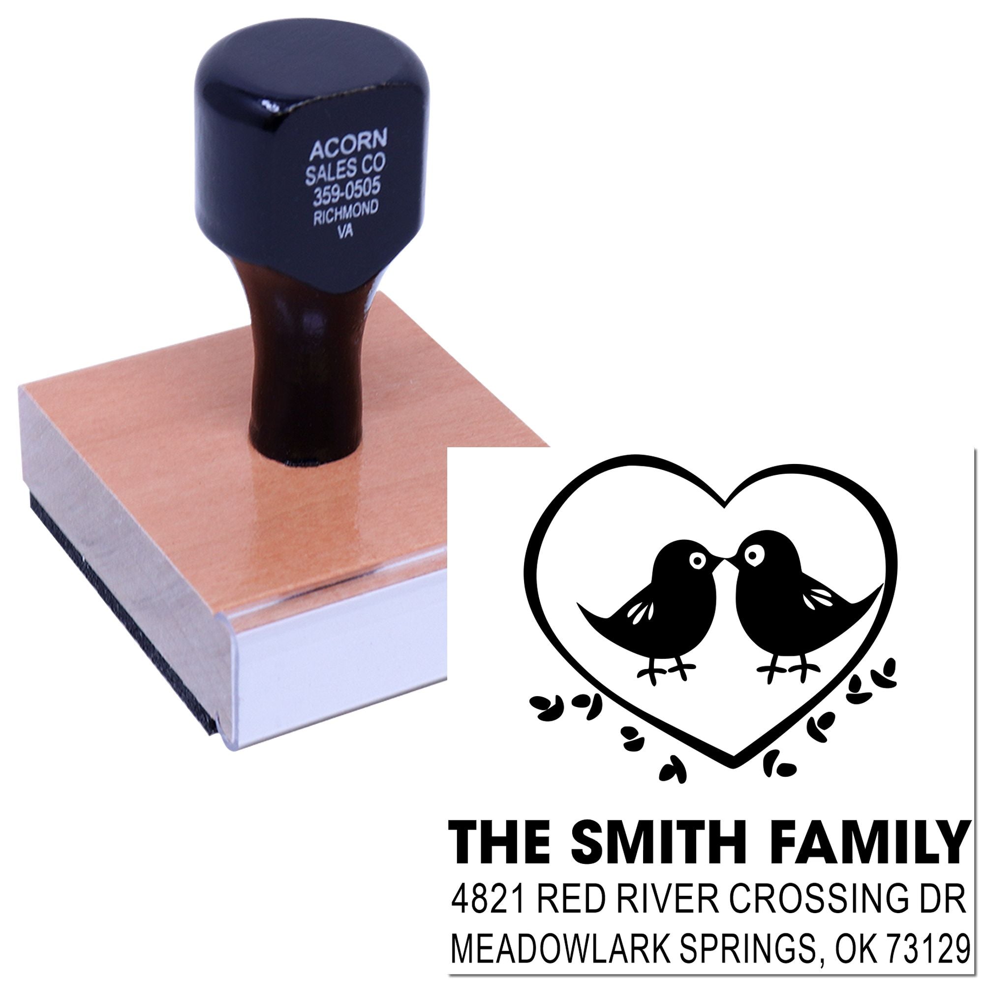 Custom rubber address stamp with heart and birds design, personalized Smith family return address stamp for envelopes and wedding stationery