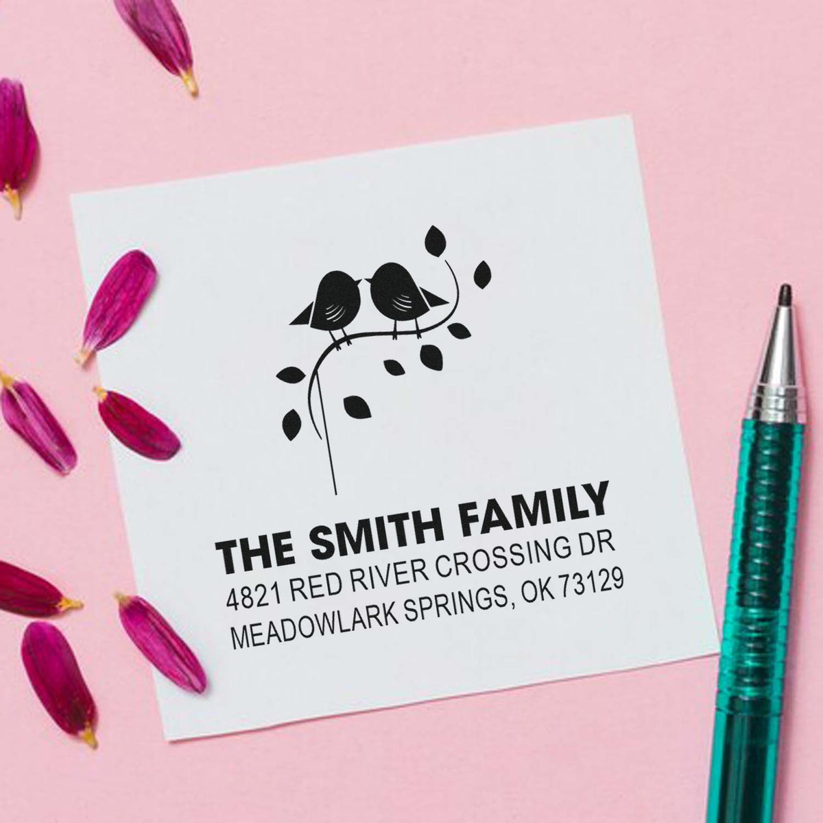 Custom return address rubber stamp with two birds on a branch design, personalized family name and address for wedding or housewarming gifts