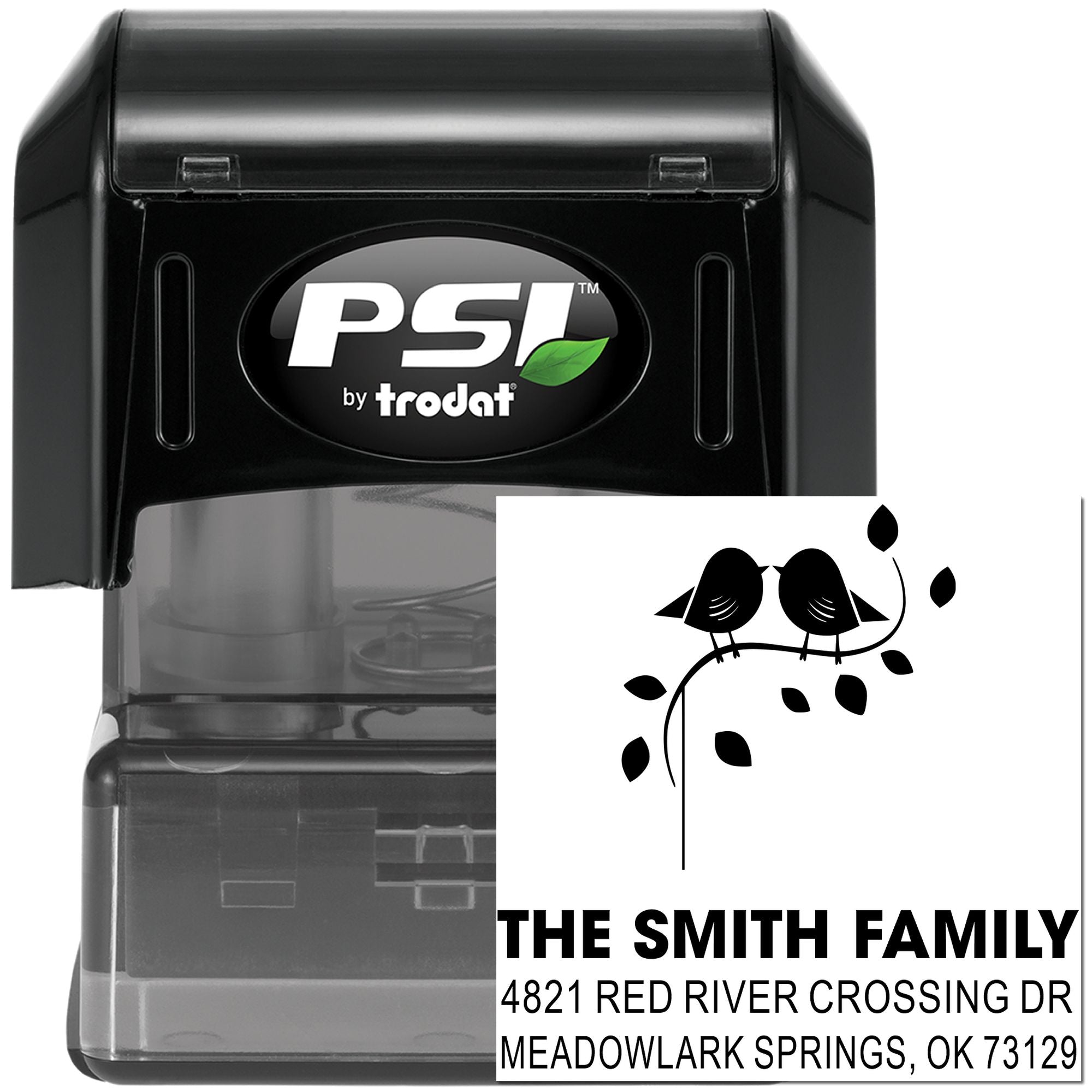 Custom self-inking address stamp with bird branch design, PSI by Trodat black rubber stamp for The Smith Family personalized return address