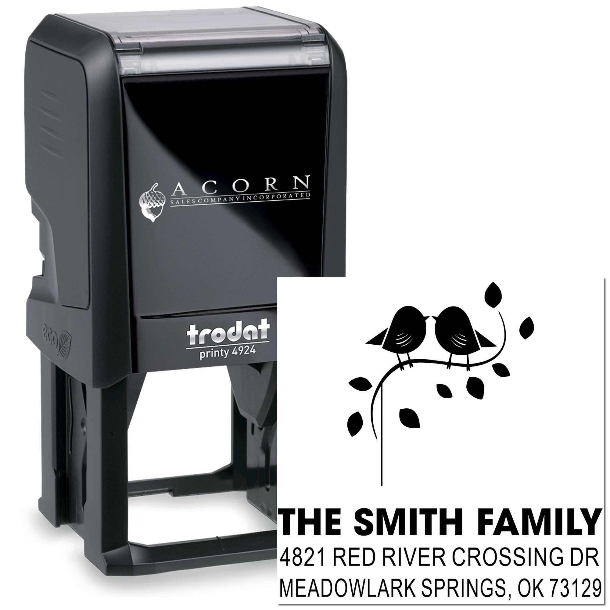 Custom self-inking rubber stamp, Trodat Printy 4924, with bird family address design for The Smith Family, Meadowlark Springs, OK 73129