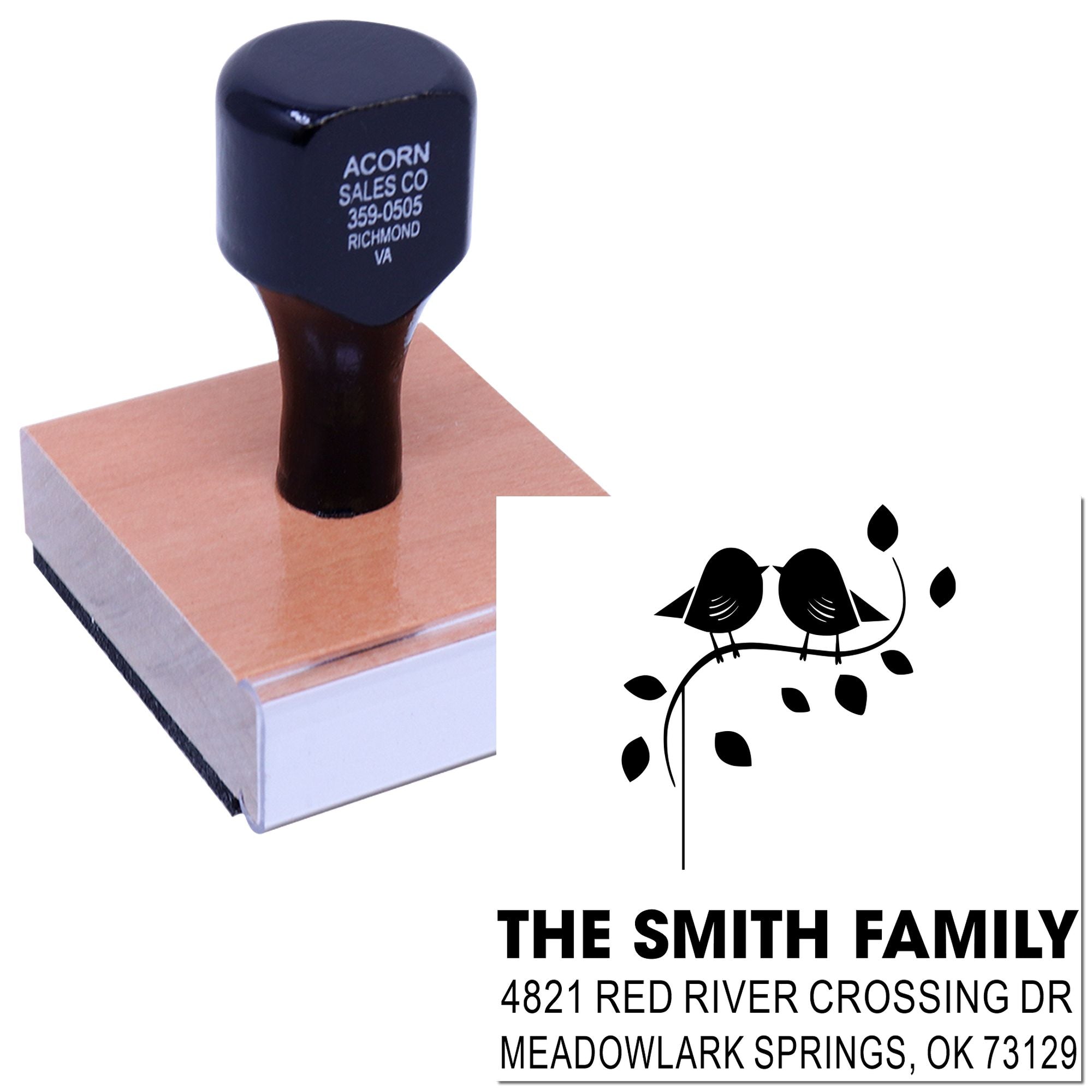 Custom rubber address stamp with birds and family name design, personalized return address stamp for envelopes, weddings, and home correspondence
