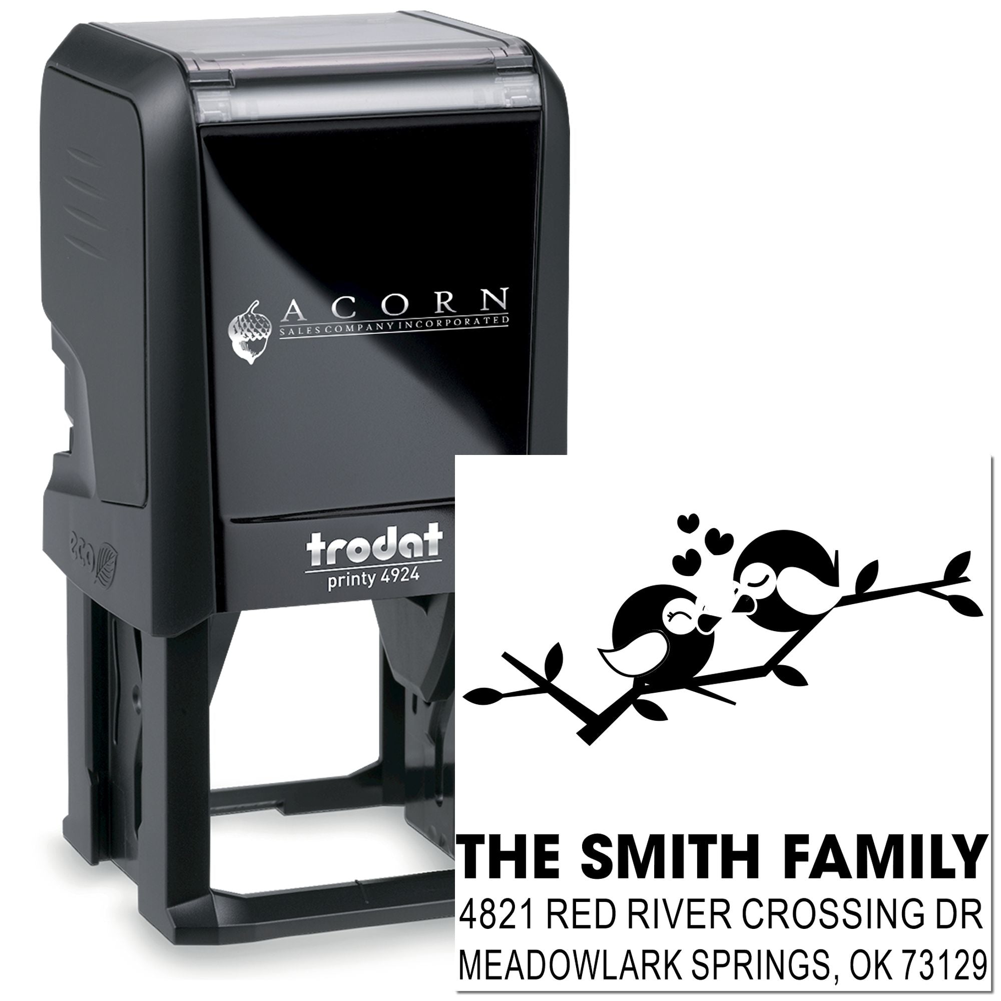 Custom self-inking rubber address stamp with Trodat Printy 4924, bird design, The Smith Family name, and Meadowlark Springs OK return address