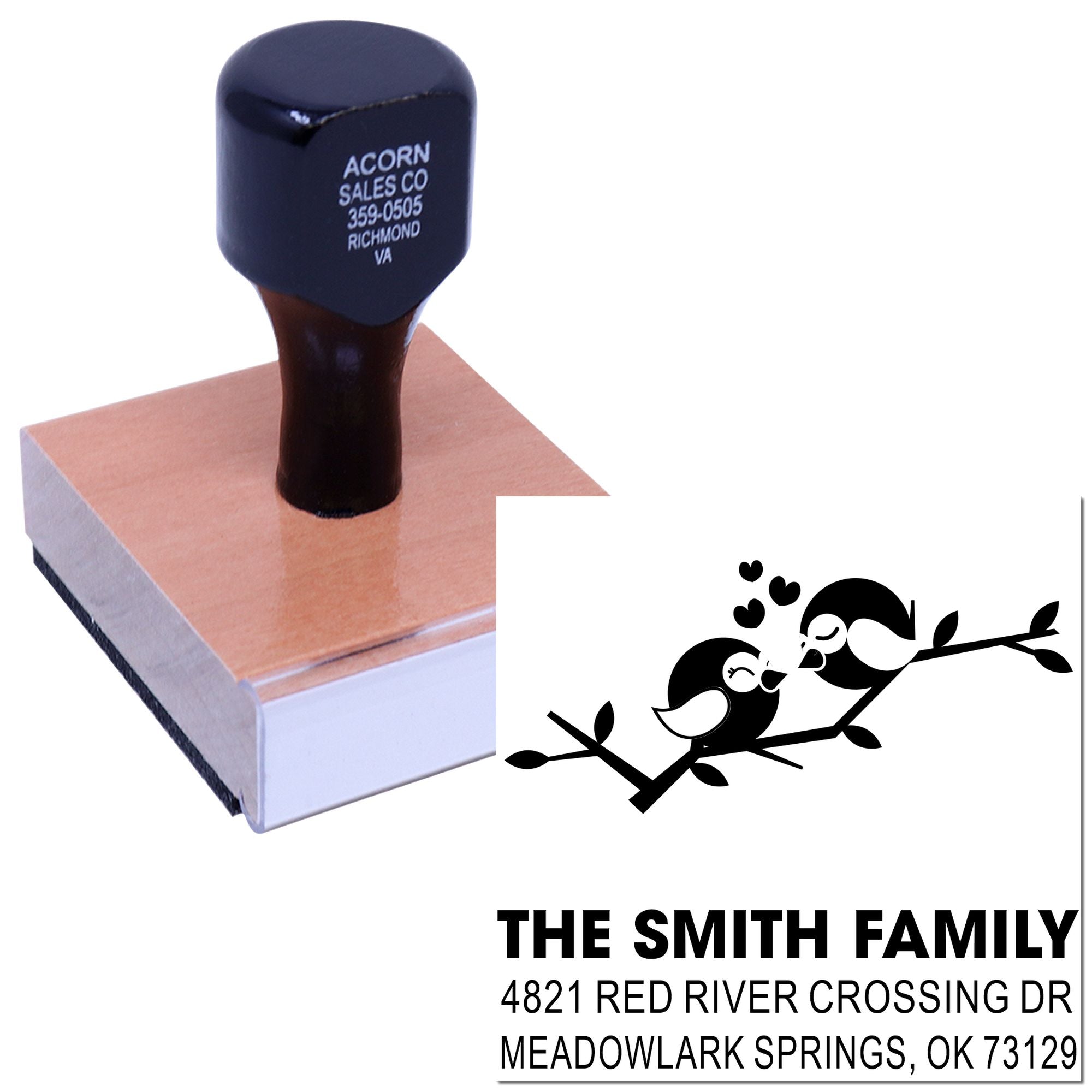 Custom rubber stamp with bird motif and return address for The Smith Family, 4821 Red River Crossing Dr, Meadowlark Springs, OK 73129