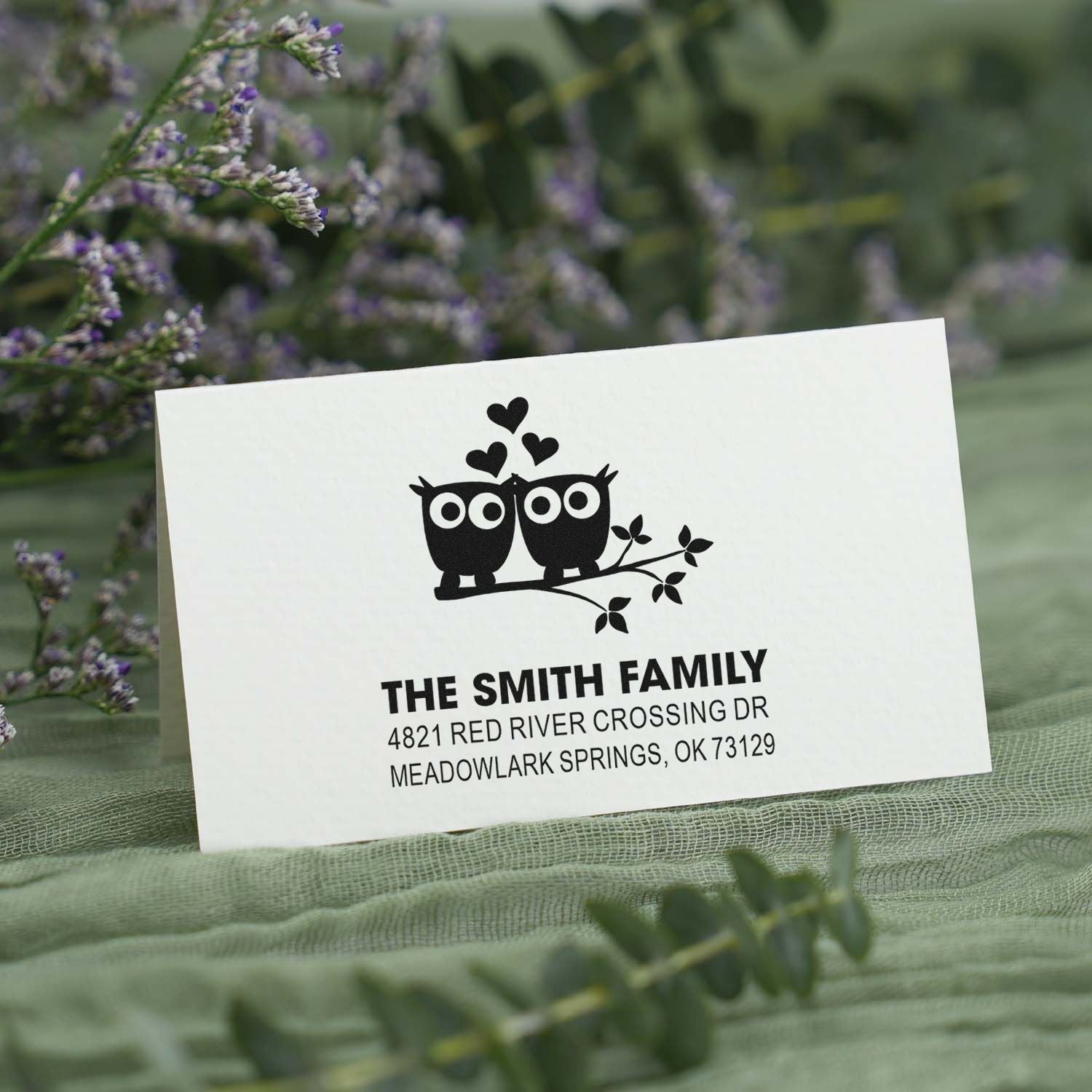 Personalized return address rubber stamp with owl couple and hearts design, featuring The Smith Family name and Meadowlark Springs, OK address