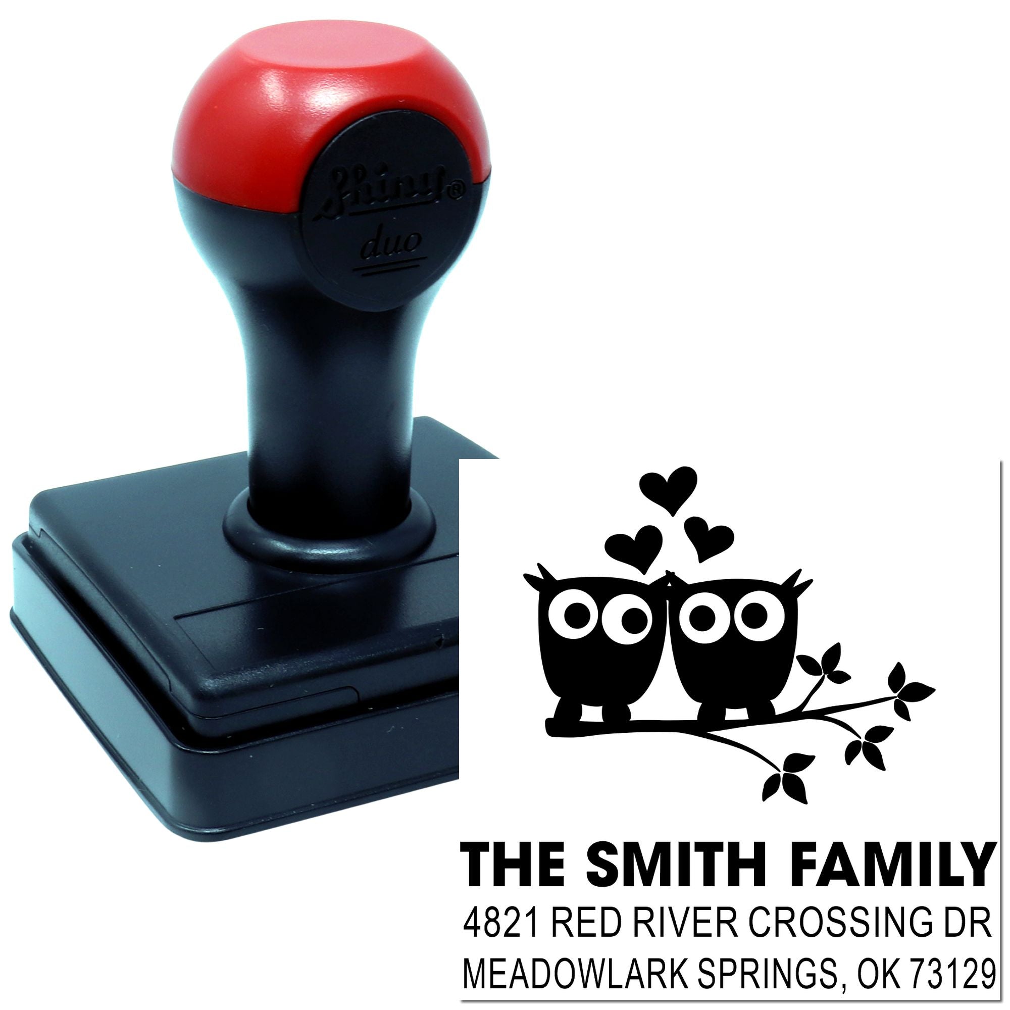 Custom self-inking rubber stamp with owl and heart design, personalized family address stamp for The Smith Family, Meadowlark Springs OK