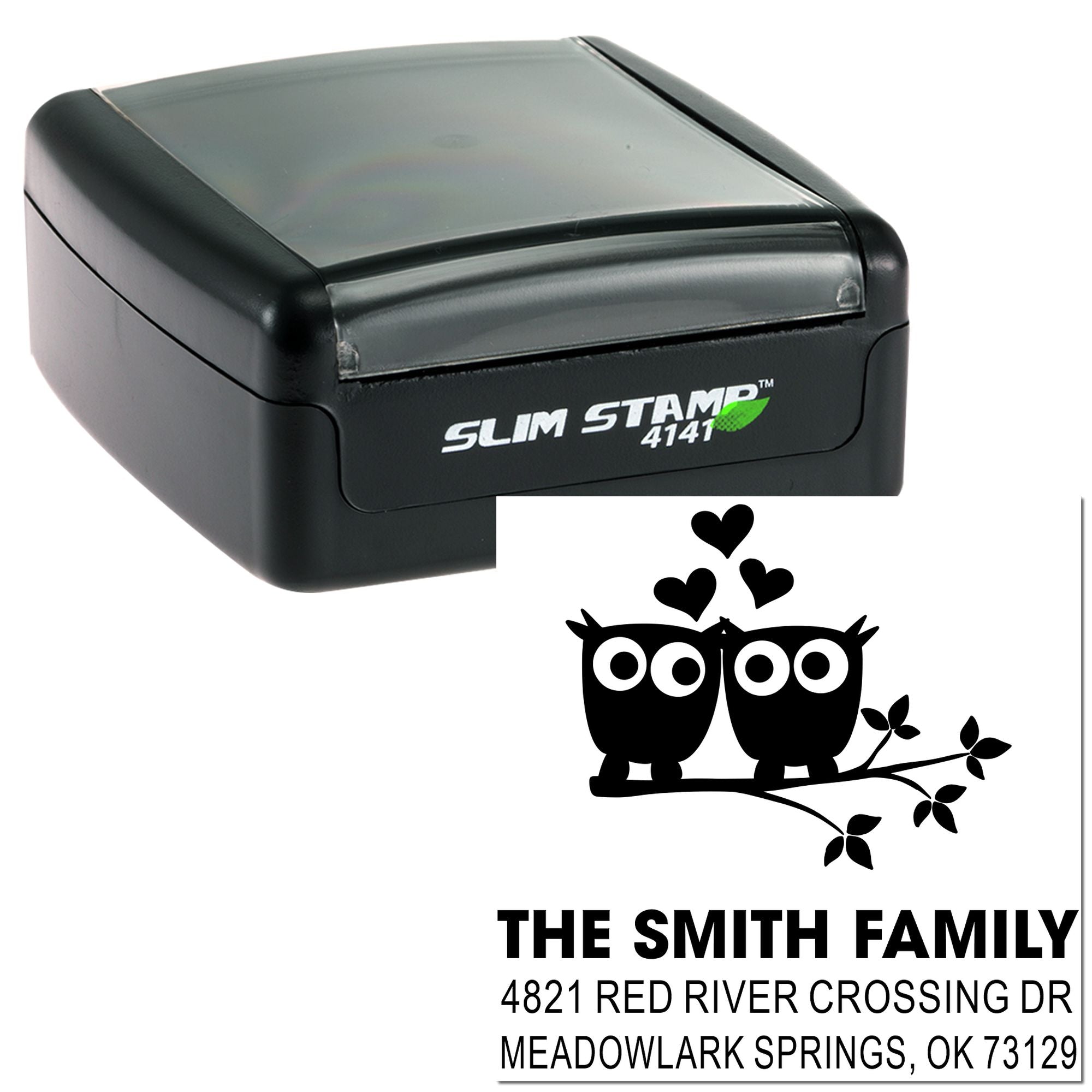 Custom slim self-inking rubber stamp with owl design and Smith family return address, ideal for personalized mailing, envelopes, and stationery.