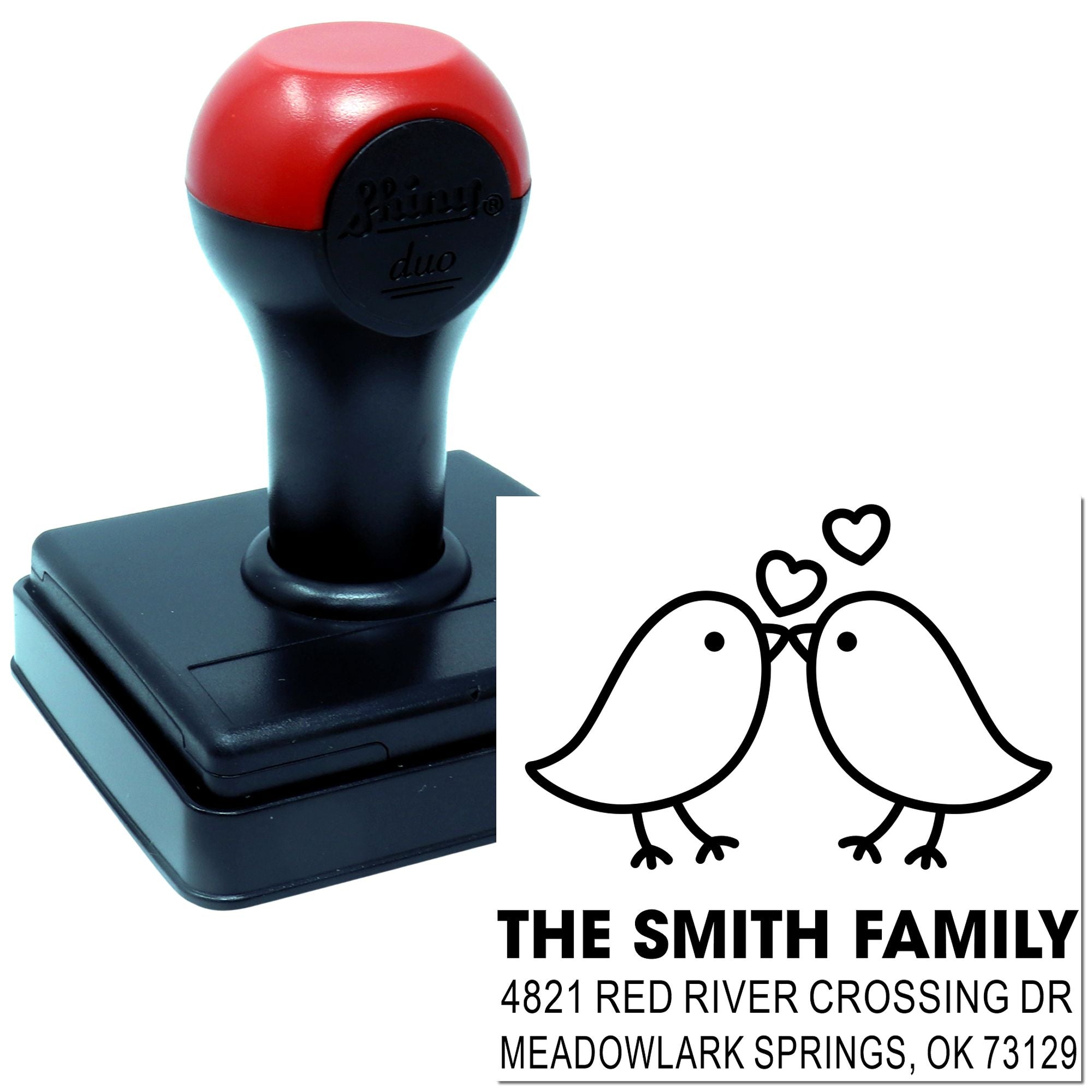 Custom self-inking rubber stamp with kissing birds design and personalized family address, ideal for wedding, holiday, and return mail.