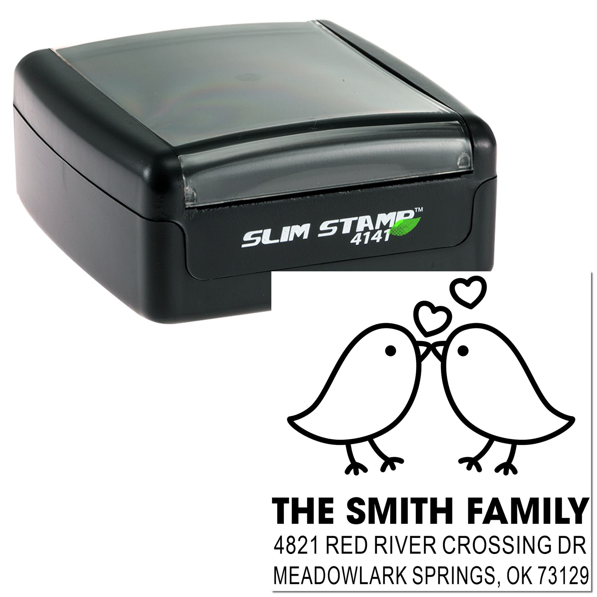 Custom slim self-inking rubber stamp return address design with two birds and hearts for The Smith Family, Meadowlark Springs, OK 73129.