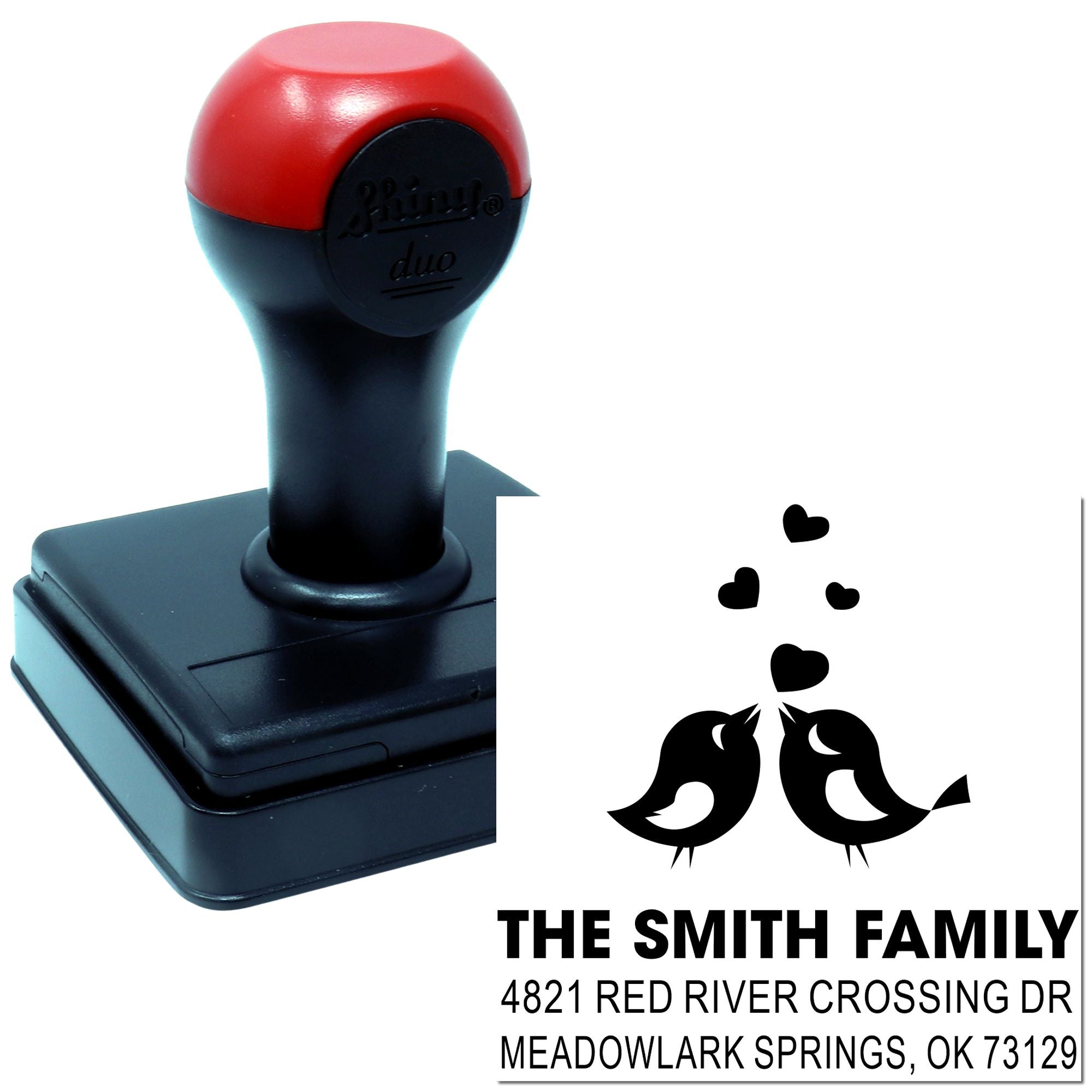 Custom self-inking rubber stamp with bird and heart return address design, THE SMITH FAMILY, Meadowlark Springs, OK personalized mailing stamp