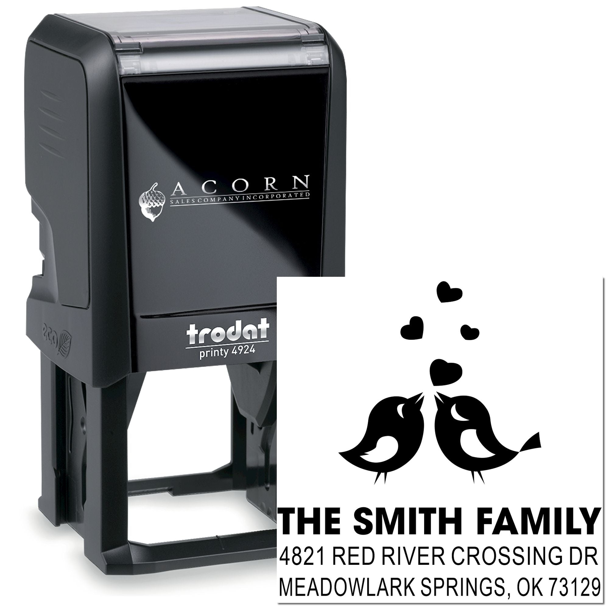Custom self-inking Trodat rubber address stamp with bird and heart design, personalized family name and Meadowlark Springs, OK return address