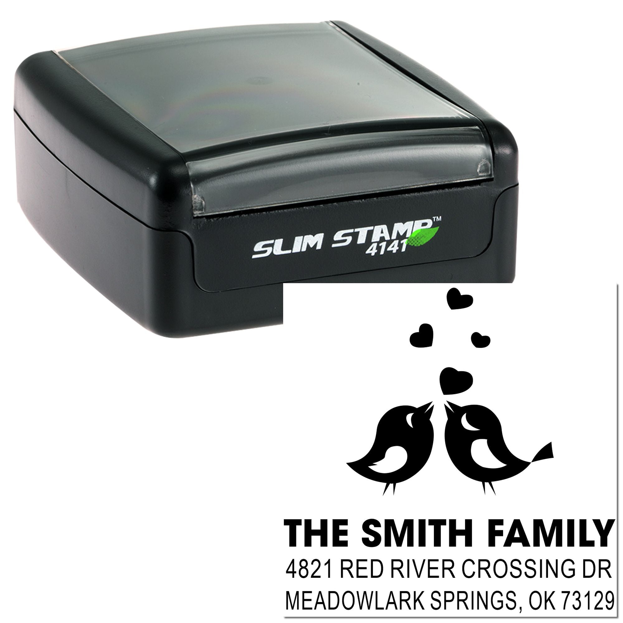Slim Stamp 4141 self-inking custom address stamp featuring bird heart design and personalized family return address for mail, cards and invitations