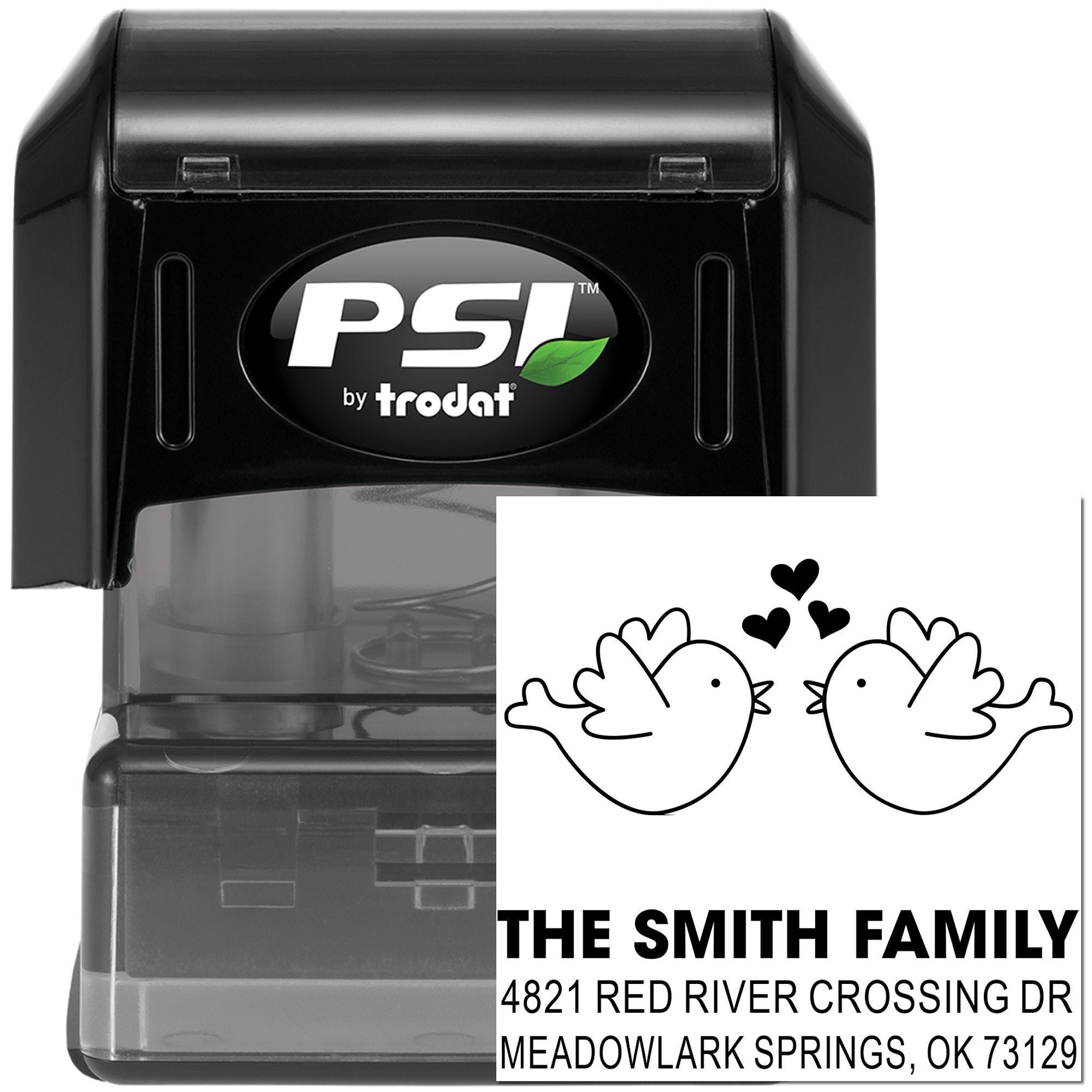 Custom self-inking rubber stamp by PSI Trodat with lovebird design and The Smith Family return address, ideal for wedding and home mailings.