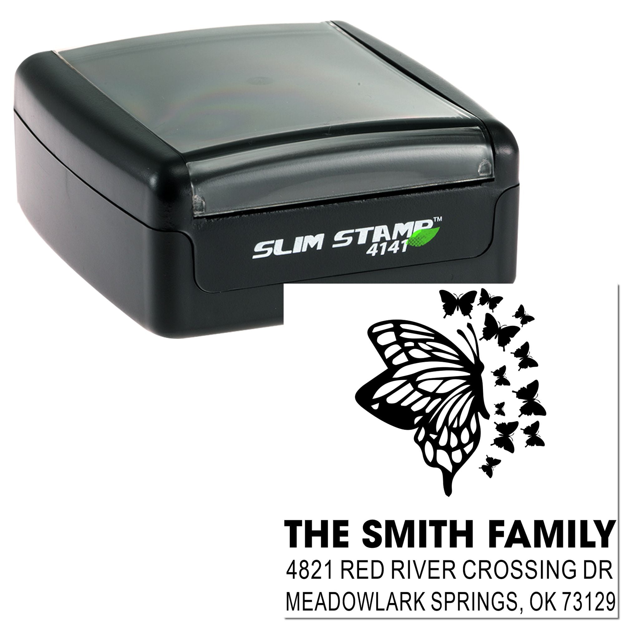 Custom butterfly family address self-inking rubber stamp, Slim Stamp 4141, personalized return address stamp with name and full mailing address