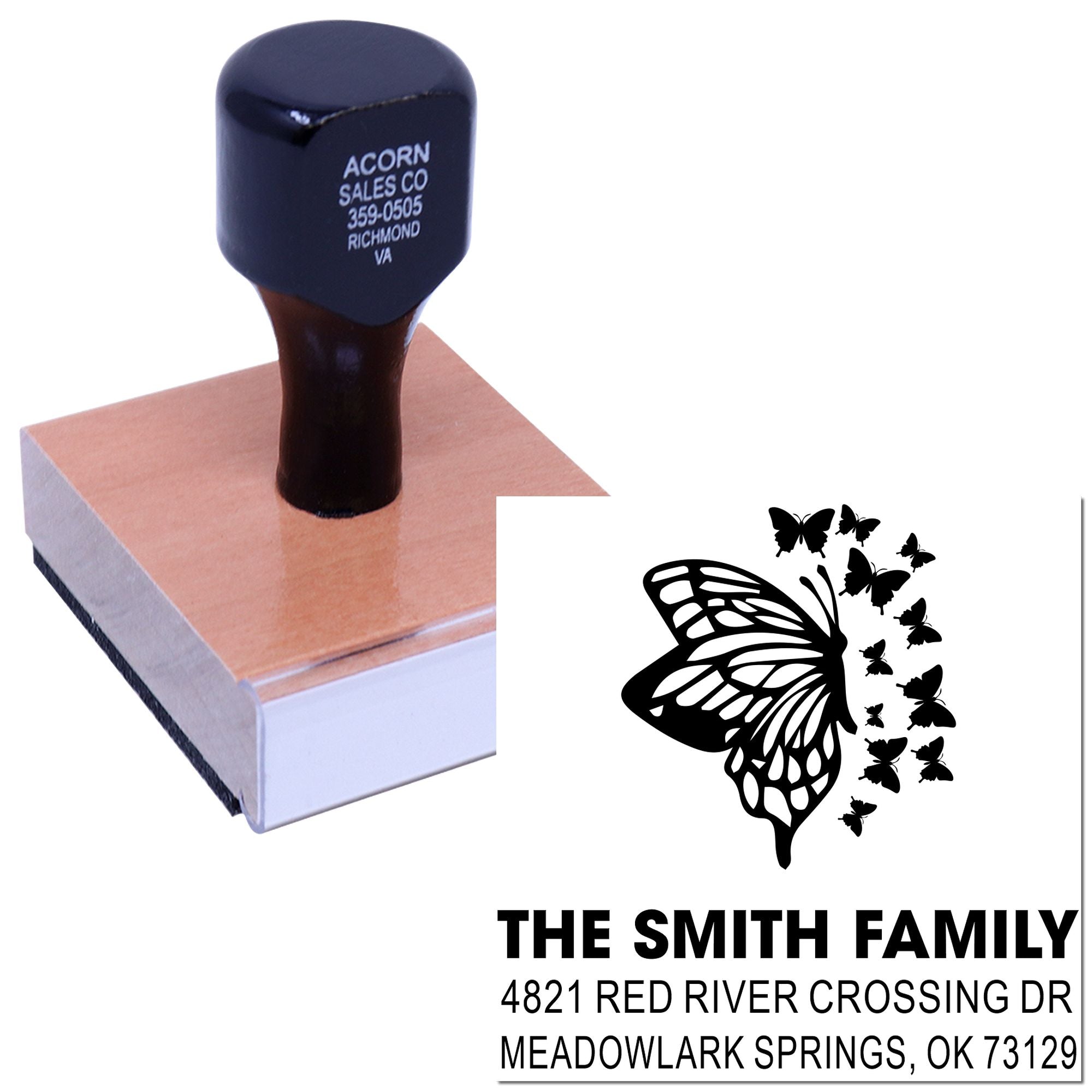 Custom butterfly family address rubber stamp with personalized name and mailing address, perfect for wedding invitations, envelopes, and cards.