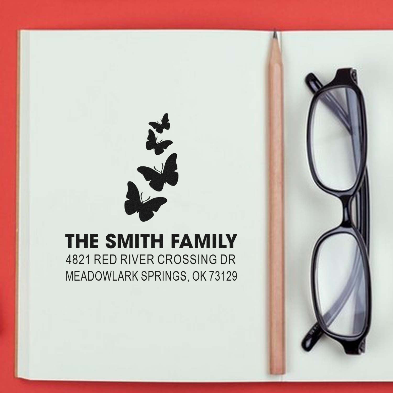 Custom family address rubber stamp with butterfly design, personalized return address stamp for wedding invitations, stationery and envelopes