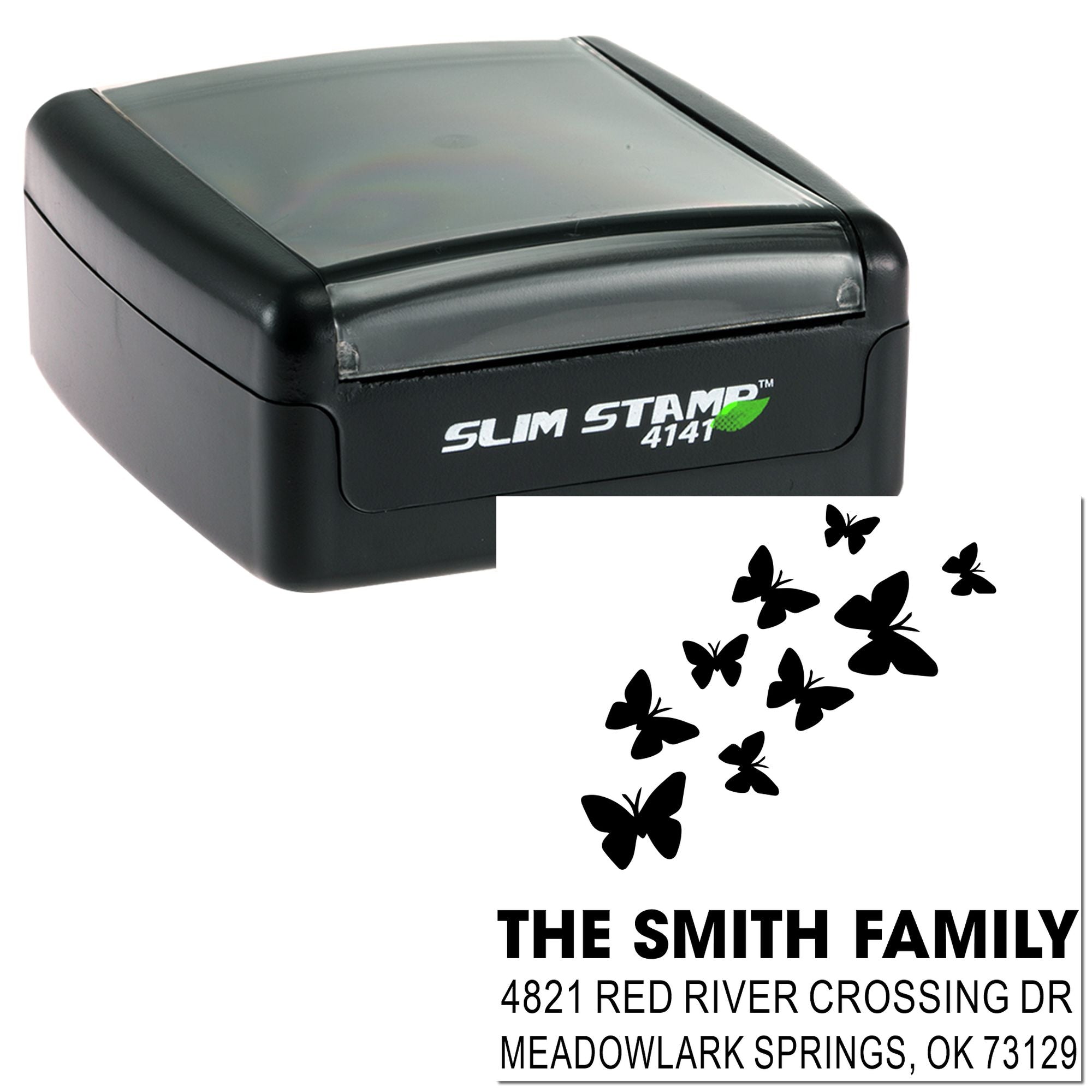 Custom Slim Stamp 4141 rubber self-inking address stamp with butterflies and The Smith Family return address for envelopes, mailings, and cards