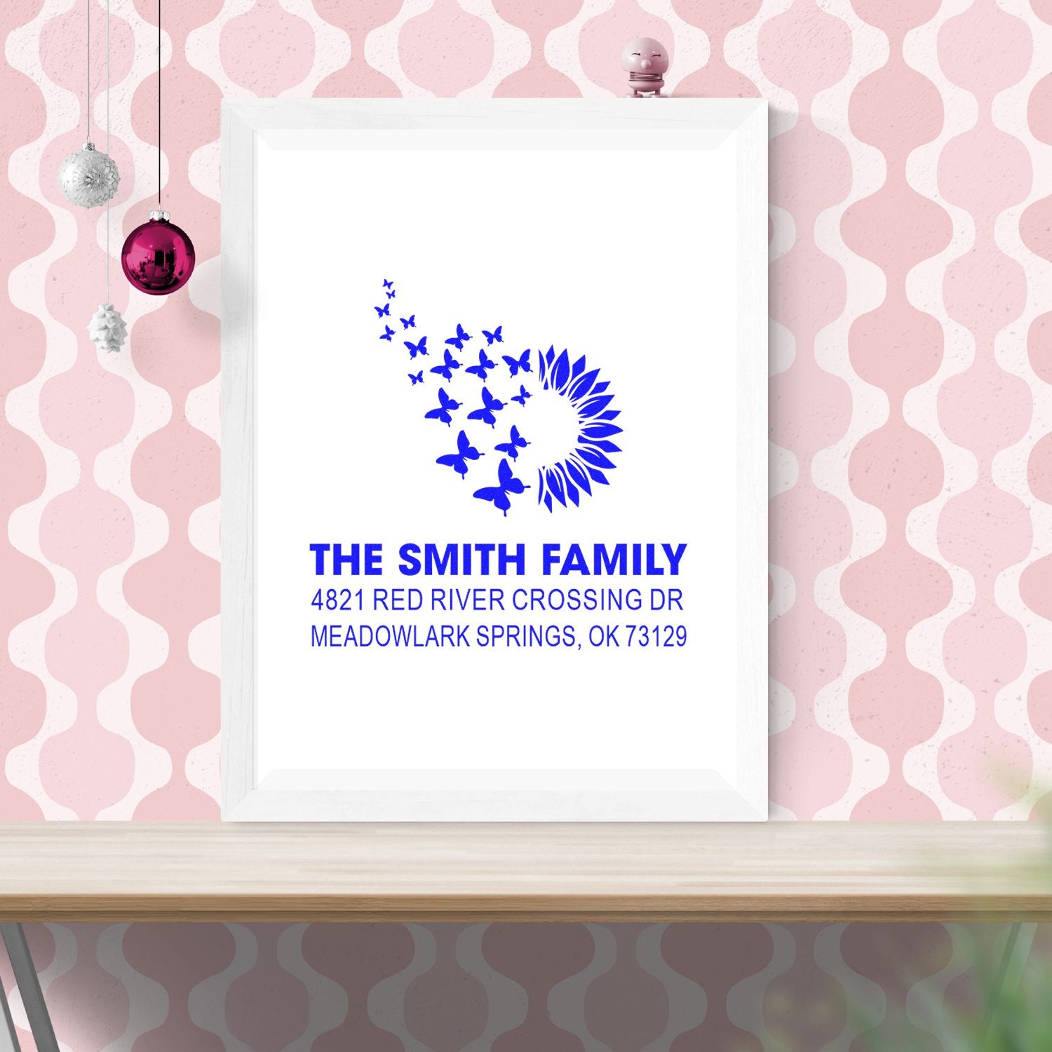 Custom butterfly return address rubber stamp for The Smith Family, blue floral design with personalized name and Oklahoma address for mailing