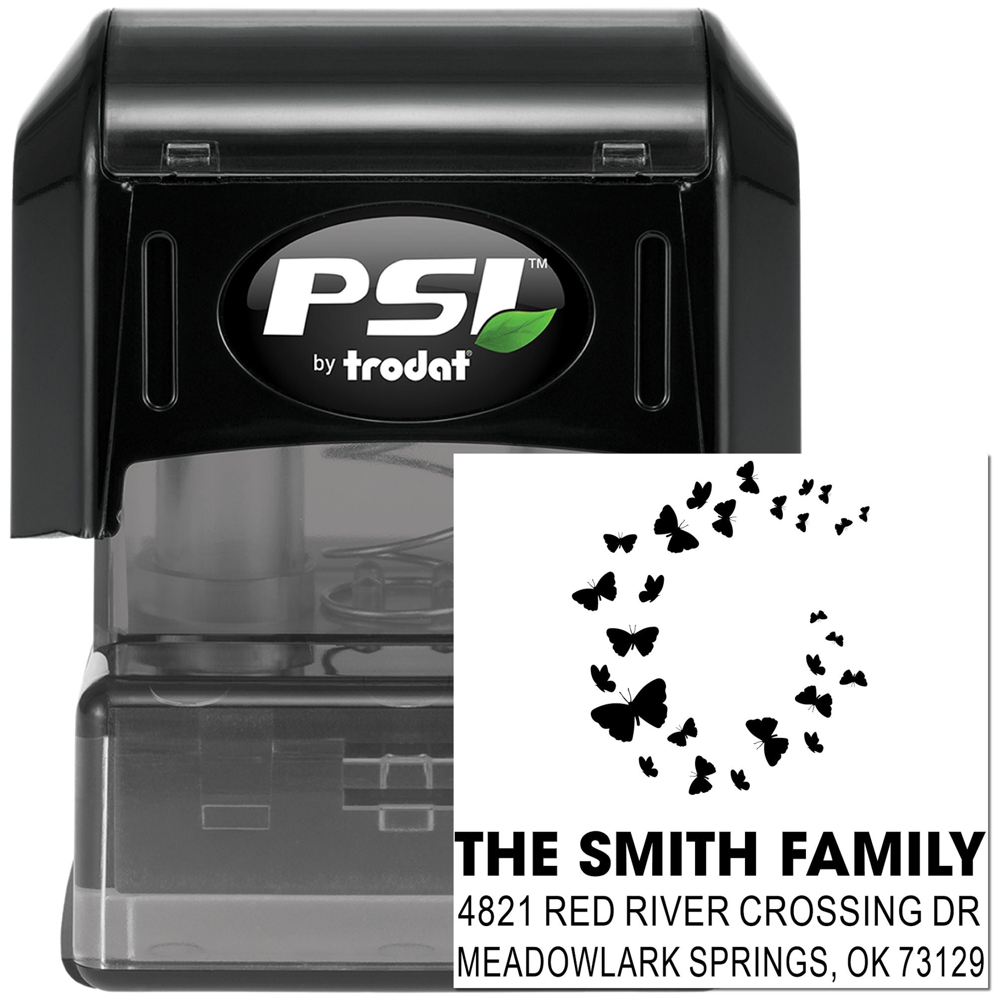 PSI by Trodat self-inking custom rubber stamp with butterfly design, Smith Family return address, and durable black case for personalized mailing