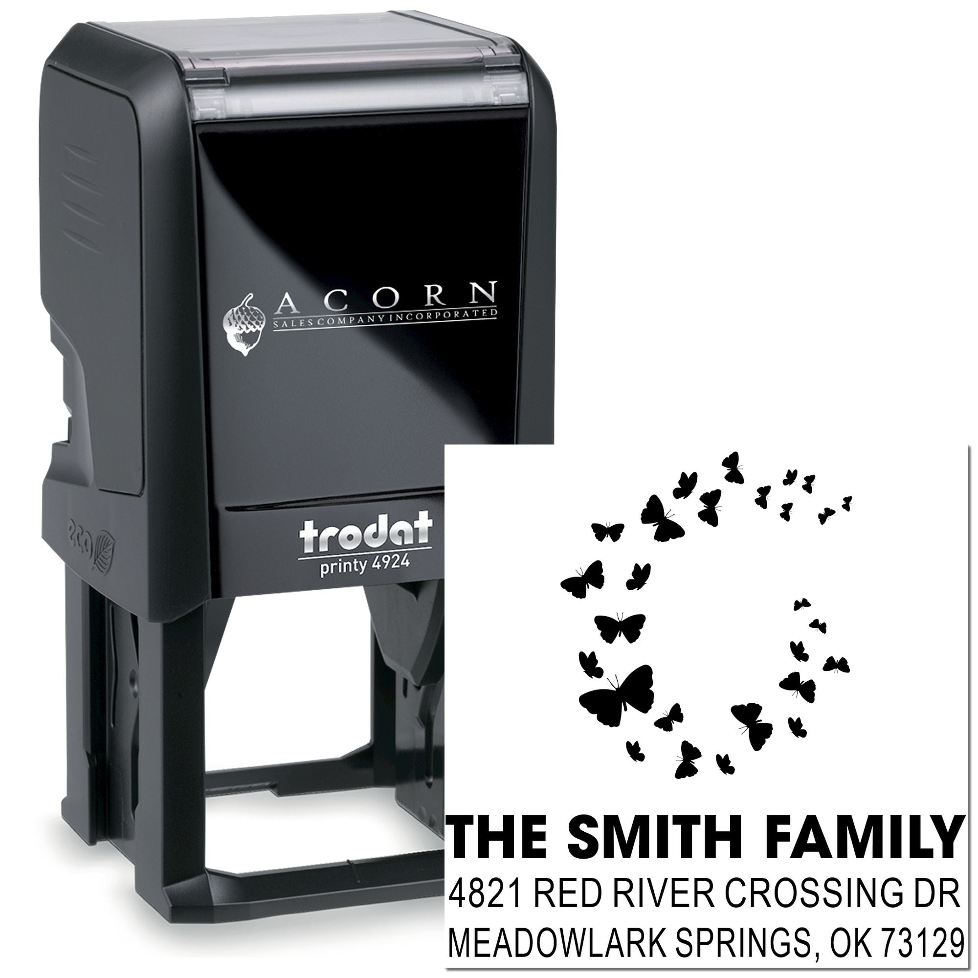 Custom Trodat self-inking rubber address stamp with butterfly design, The Smith Family, and personalized return address for mailing envelopes.